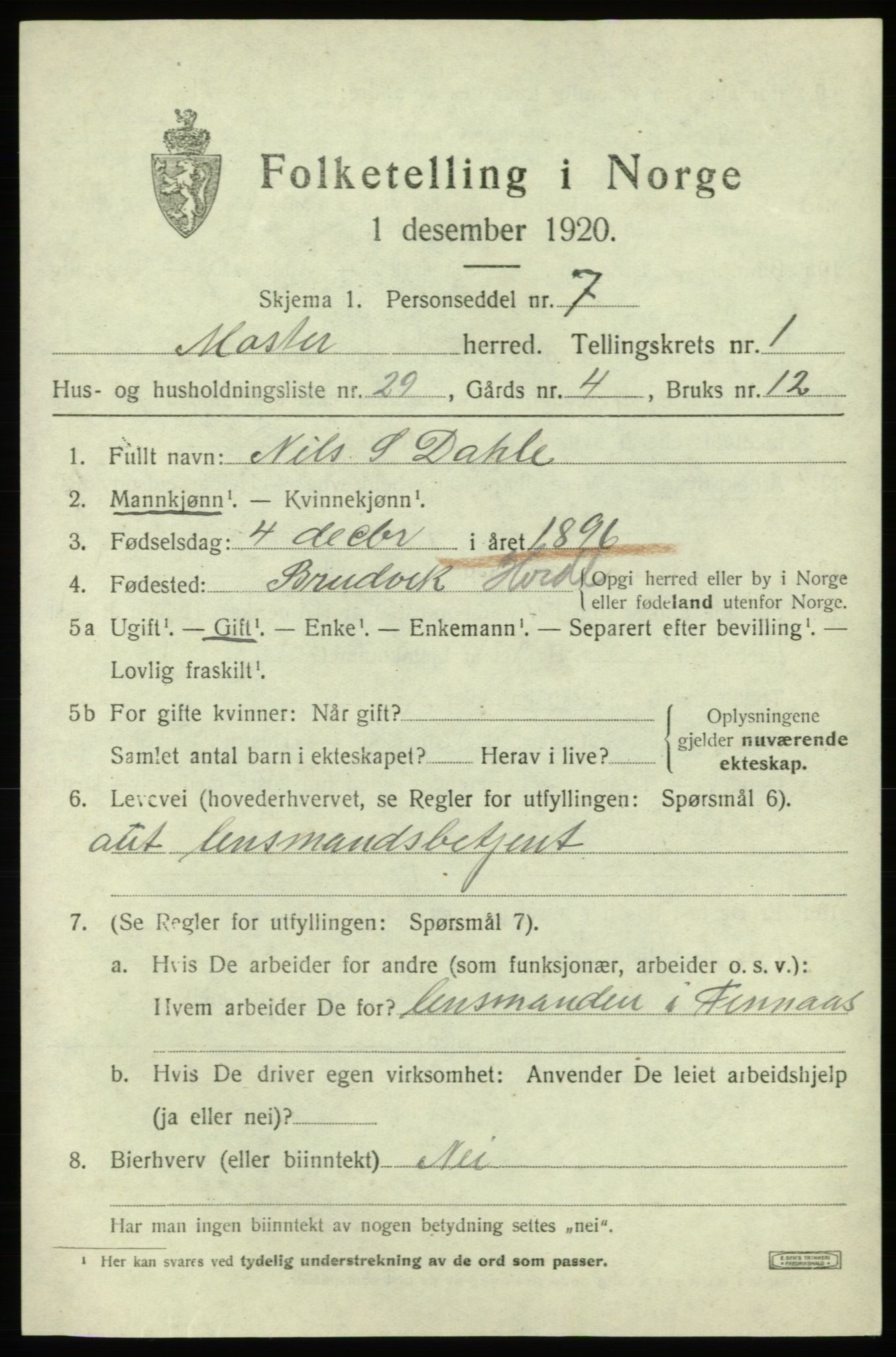 SAB, 1920 census for Moster, 1920, p. 805