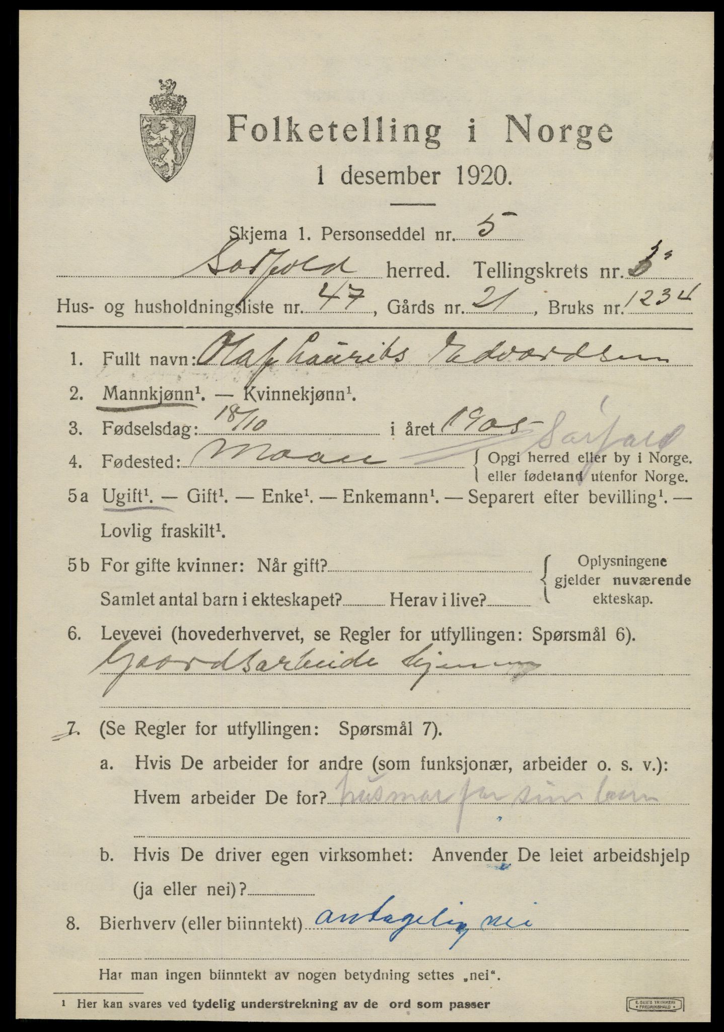 SAT, 1920 census for Sørfold, 1920, p. 2615