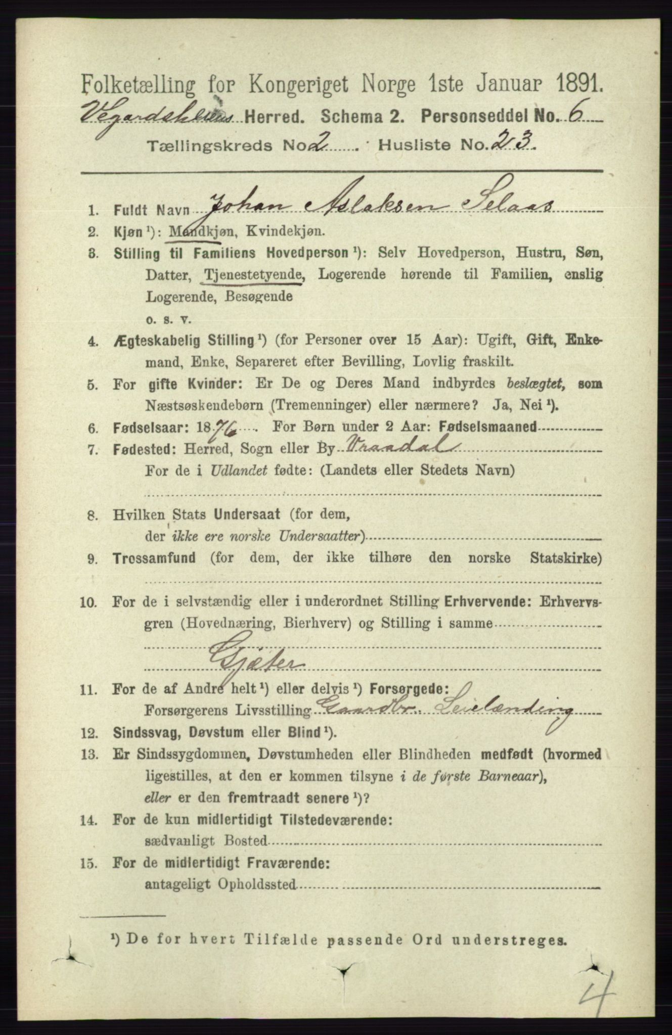 RA, 1891 census for 0912 Vegårshei, 1891, p. 548