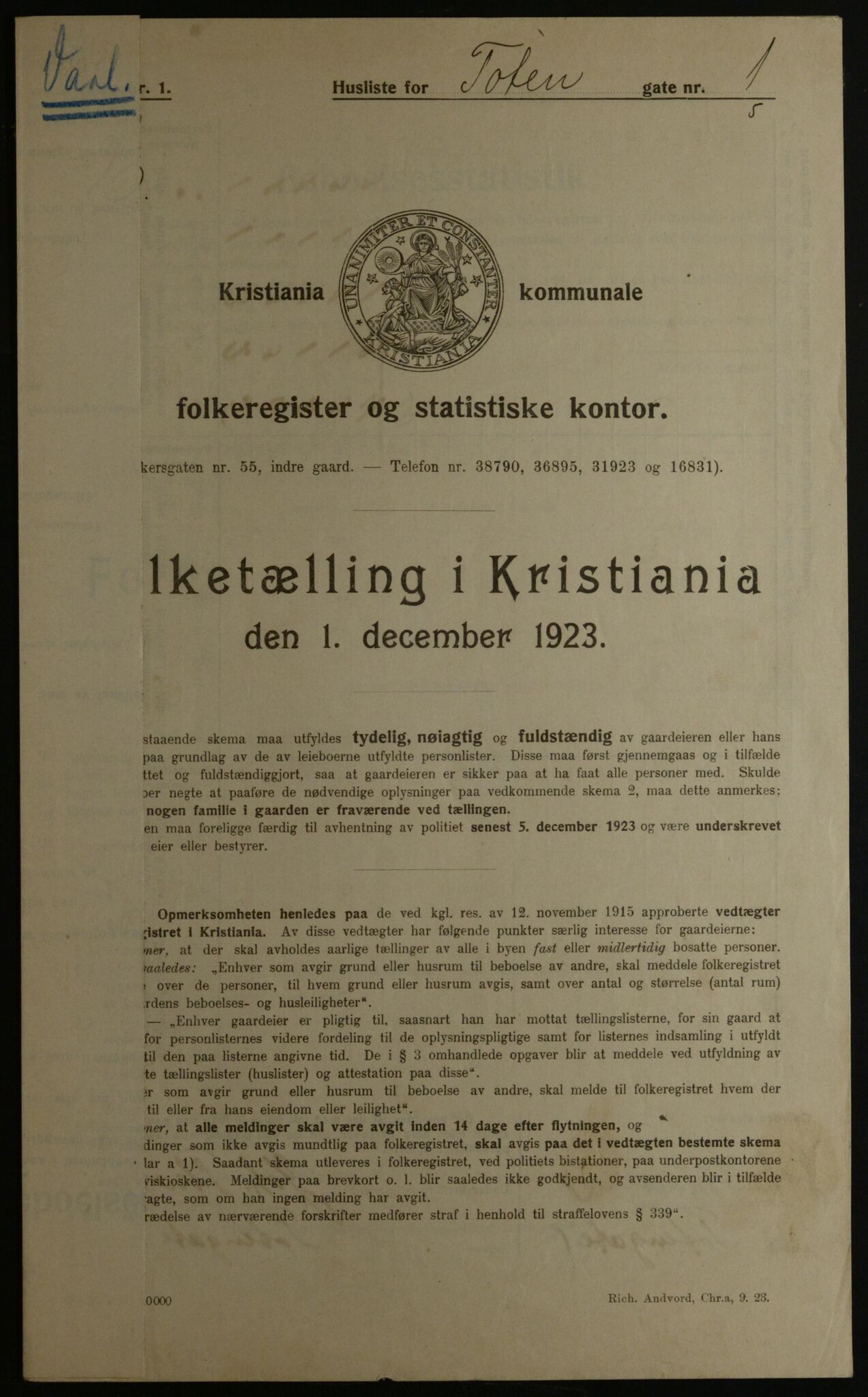 OBA, Municipal Census 1923 for Kristiania, 1923, p. 127105