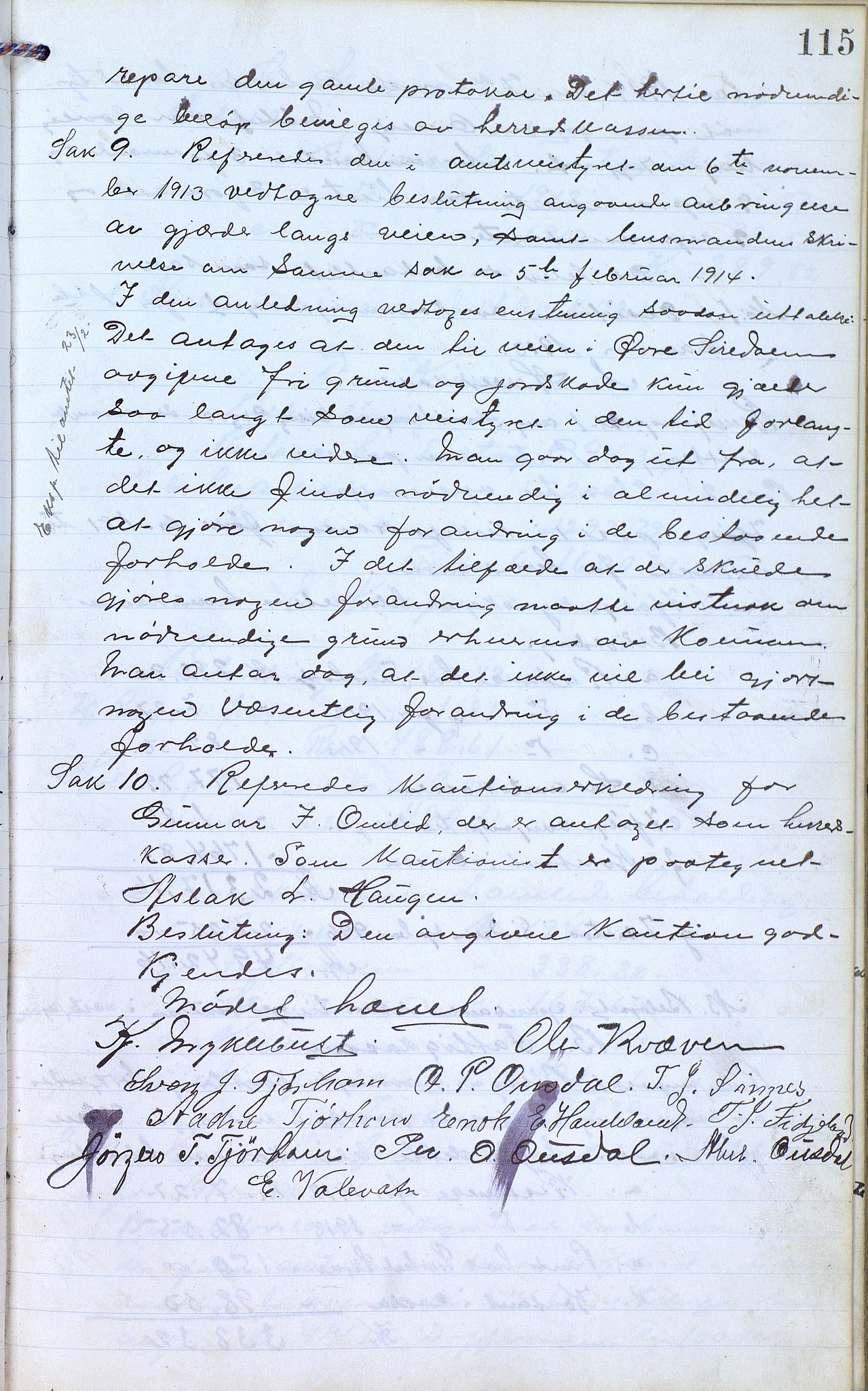 Øvre Sirdal kommune - Formannskapet/Kommunestyret, ARKSOR/1046ØS120/A/L0001: Møtebok (d), 1905-1917, p. 115