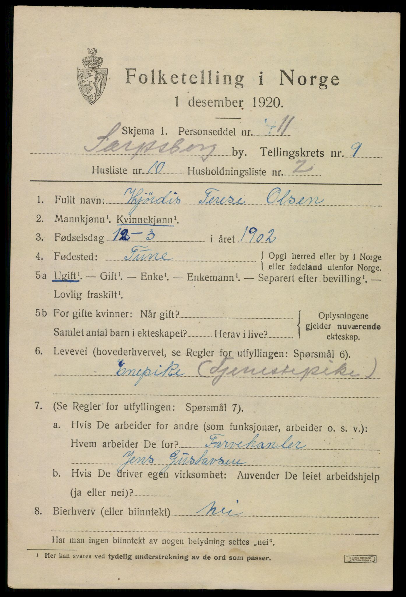 SAO, 1920 census for Sarpsborg, 1920, p. 19100