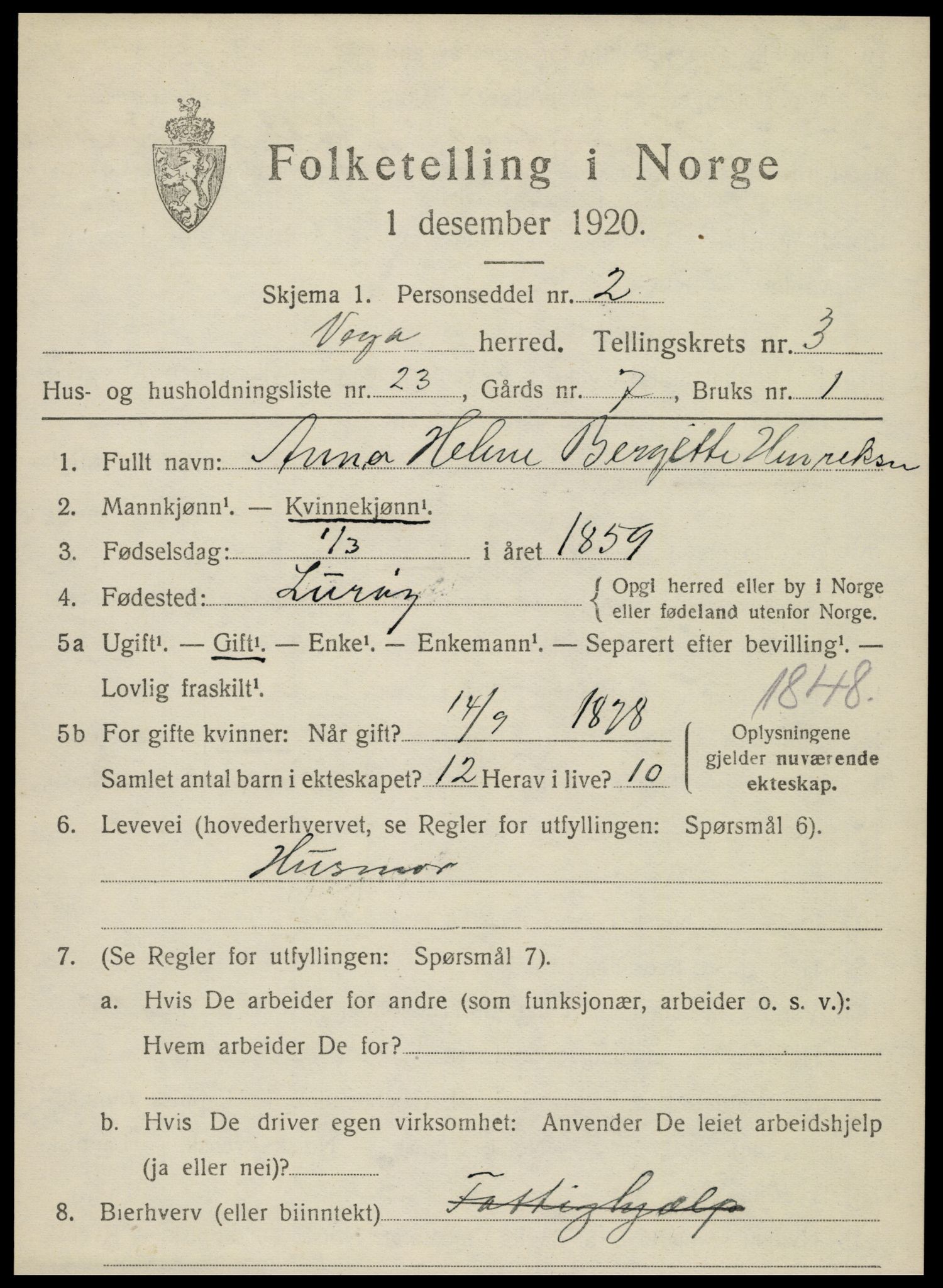 SAT, 1920 census for Vega, 1920, p. 1913