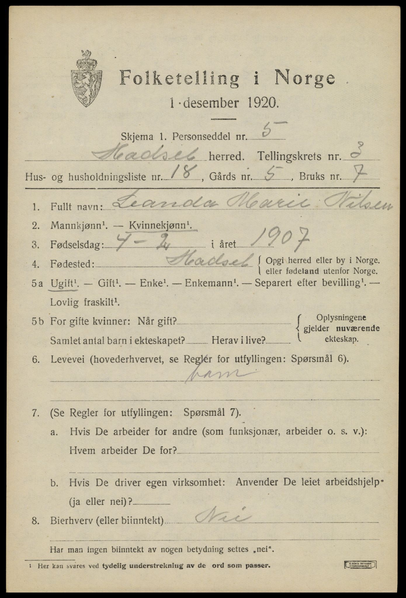 SAT, 1920 census for Hadsel, 1920, p. 5262