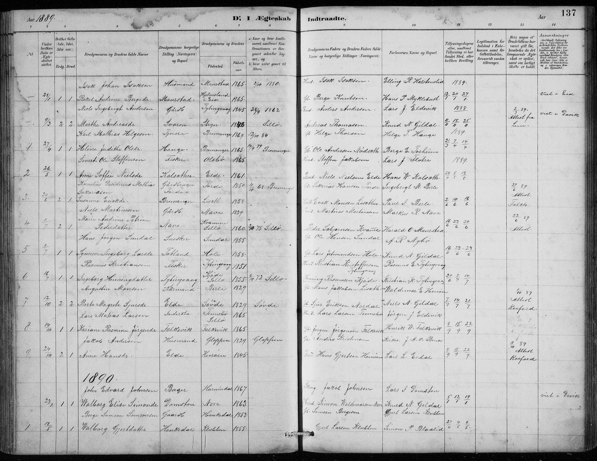 Davik sokneprestembete, AV/SAB-A-79701/H/Hab/Habc/L0002: Parish register (copy) no. C 2, 1889-1906, p. 137