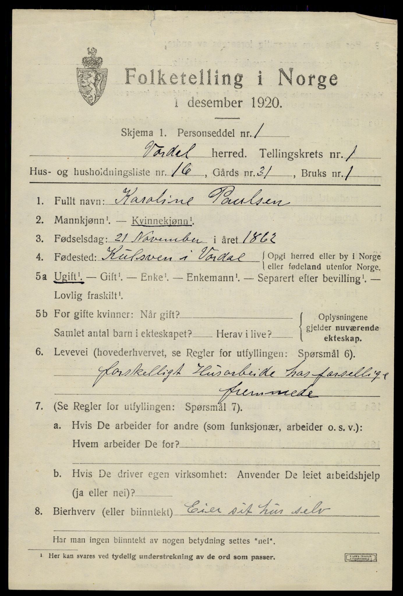 SAH, 1920 census for Vardal, 1920, p. 2109