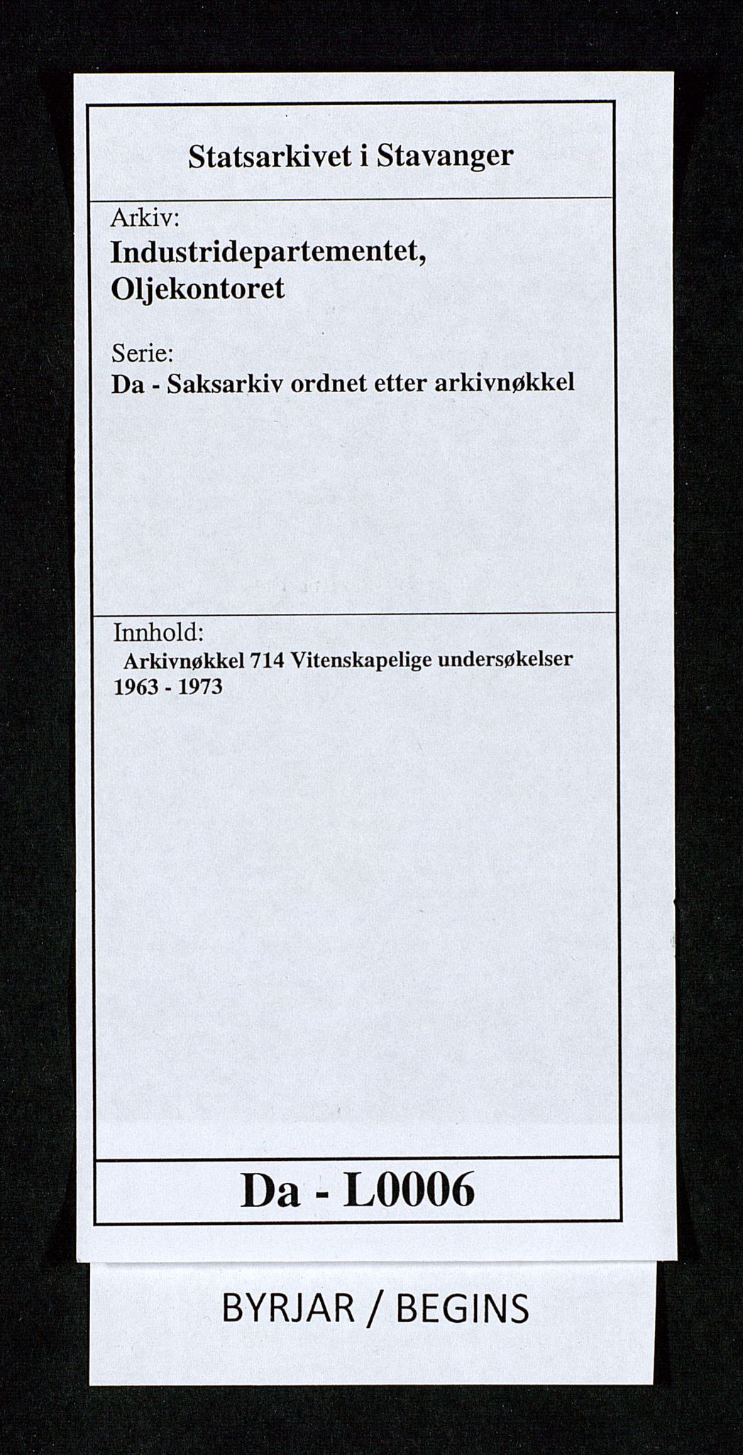 Industridepartementet, Oljekontoret, SAST/A-101348/Da/L0006:  Arkivnøkkel 714 Vitenskapelige undersøkelser, 1963-1973, p. 1