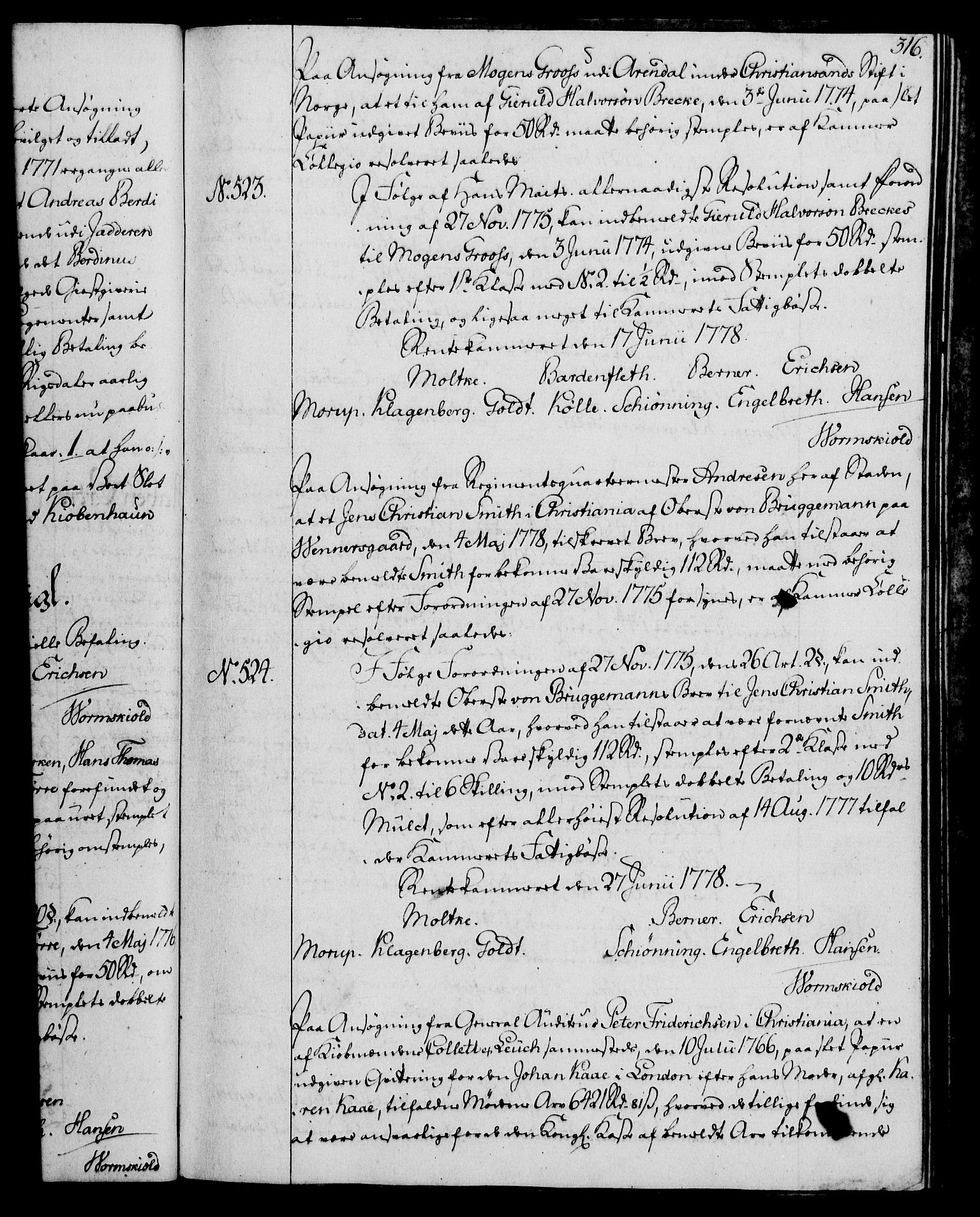 Rentekammeret, Kammerkanselliet, RA/EA-3111/G/Gg/Gga/L0010: Norsk ekspedisjonsprotokoll med register (merket RK 53.10), 1773-1778, p. 316