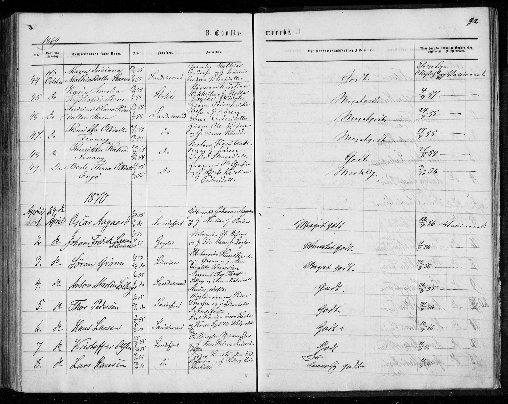 Sandar kirkebøker, SAKO/A-243/F/Fa/L0008: Parish register (official) no. 8, 1862-1871, p. 312
