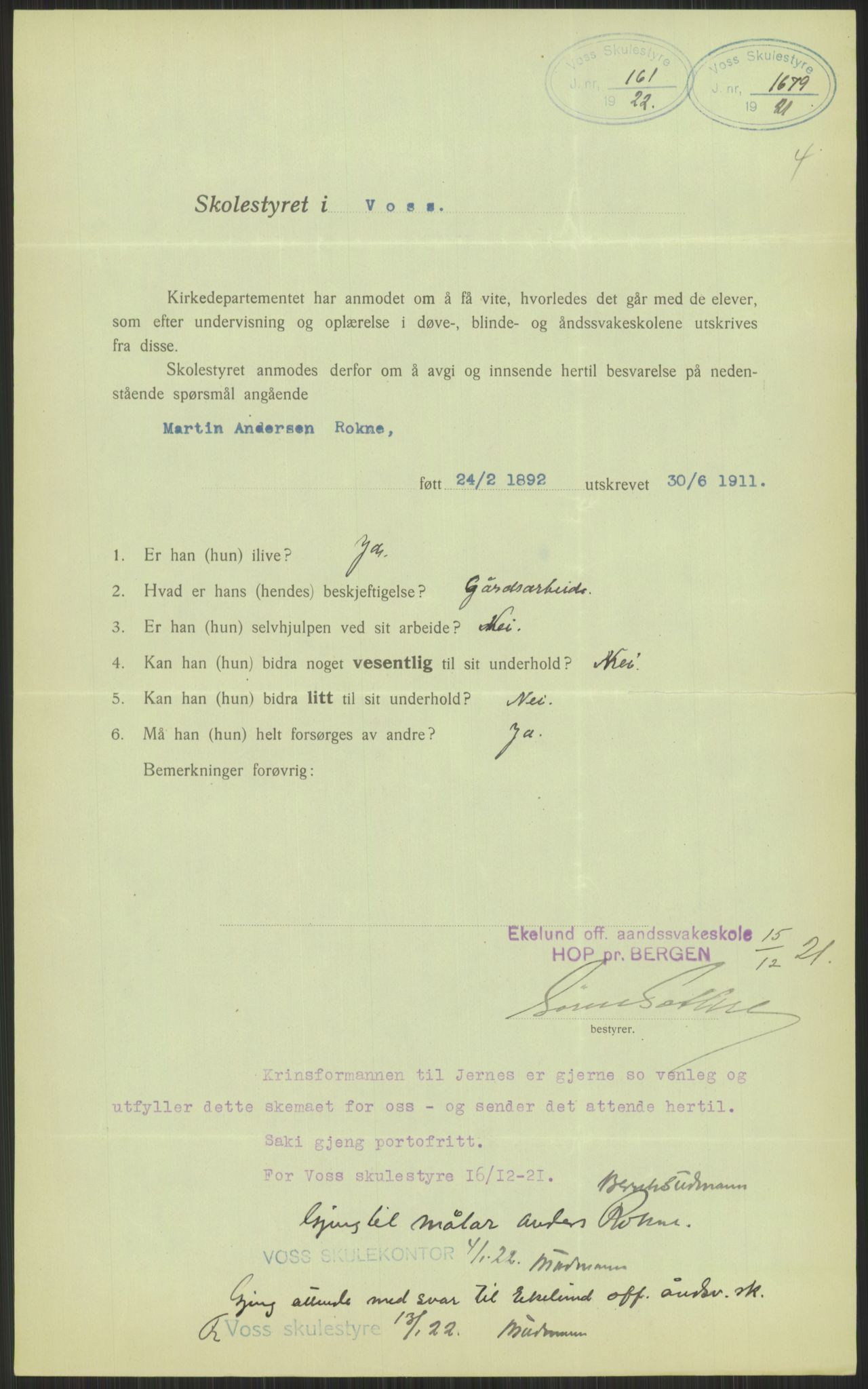 Kirke- og undervisningsdepartementet, 1. skolekontor D, AV/RA-S-1021/F/Fh/Fhl/L0044: Hvor blir det av elevene?, 1911-1921, p. 407