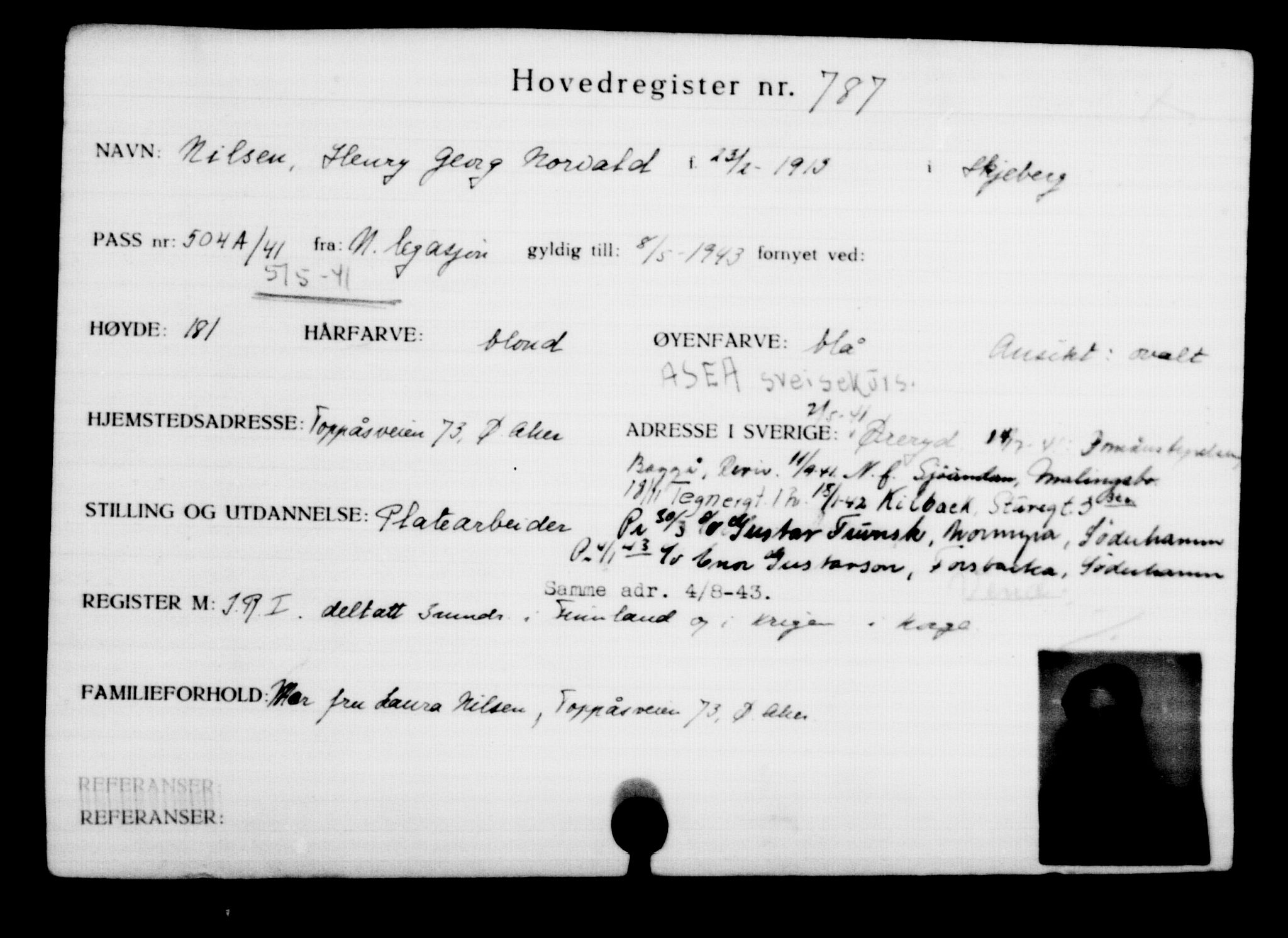 Utenriksstasjonene, Legasjonen i Stockholm, Flyktningkontoret, AV/RA-S-6753/V/Va/L0001: Kjesäterkartoteket, flyktninger med registreringsnr. 1-1000, 1940-1945, p. 1245