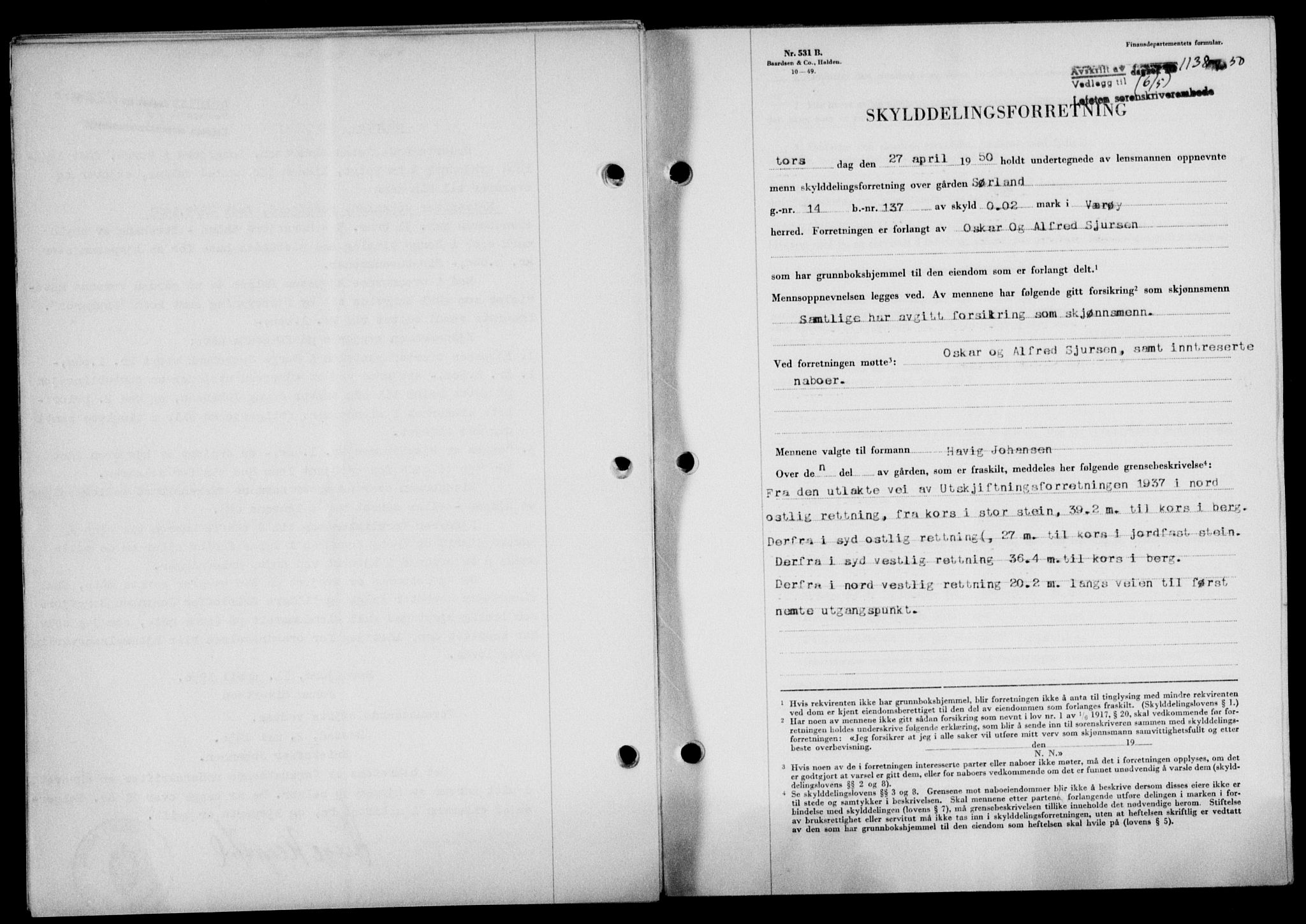 Lofoten sorenskriveri, SAT/A-0017/1/2/2C/L0023a: Mortgage book no. 23a, 1950-1950, Diary no: : 1138/1950