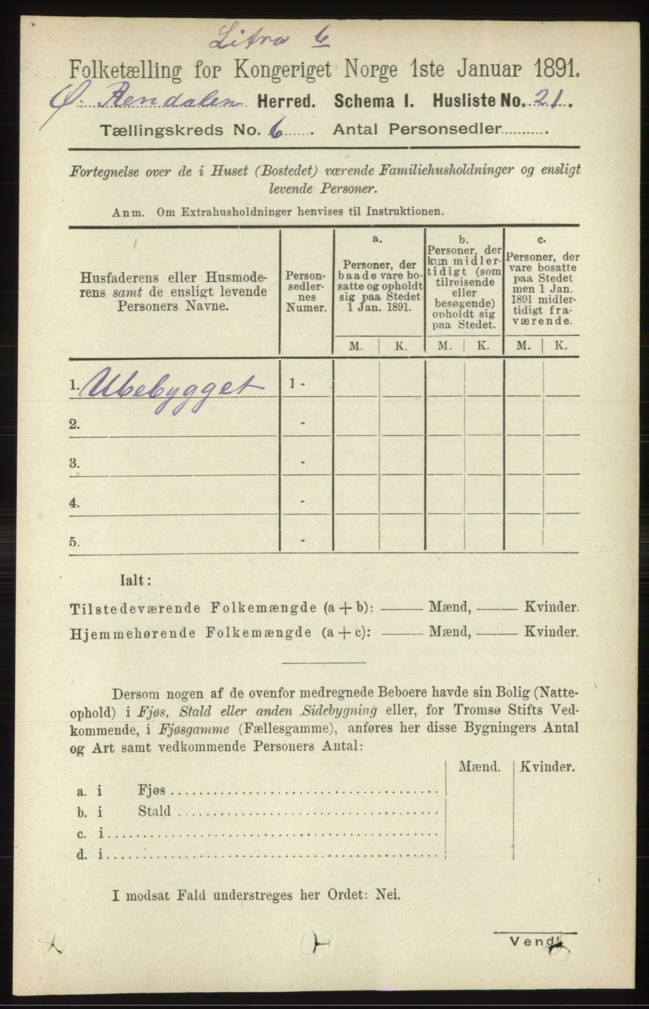 RA, 1891 census for 0433 Øvre Rendal, 1891, p. 1594