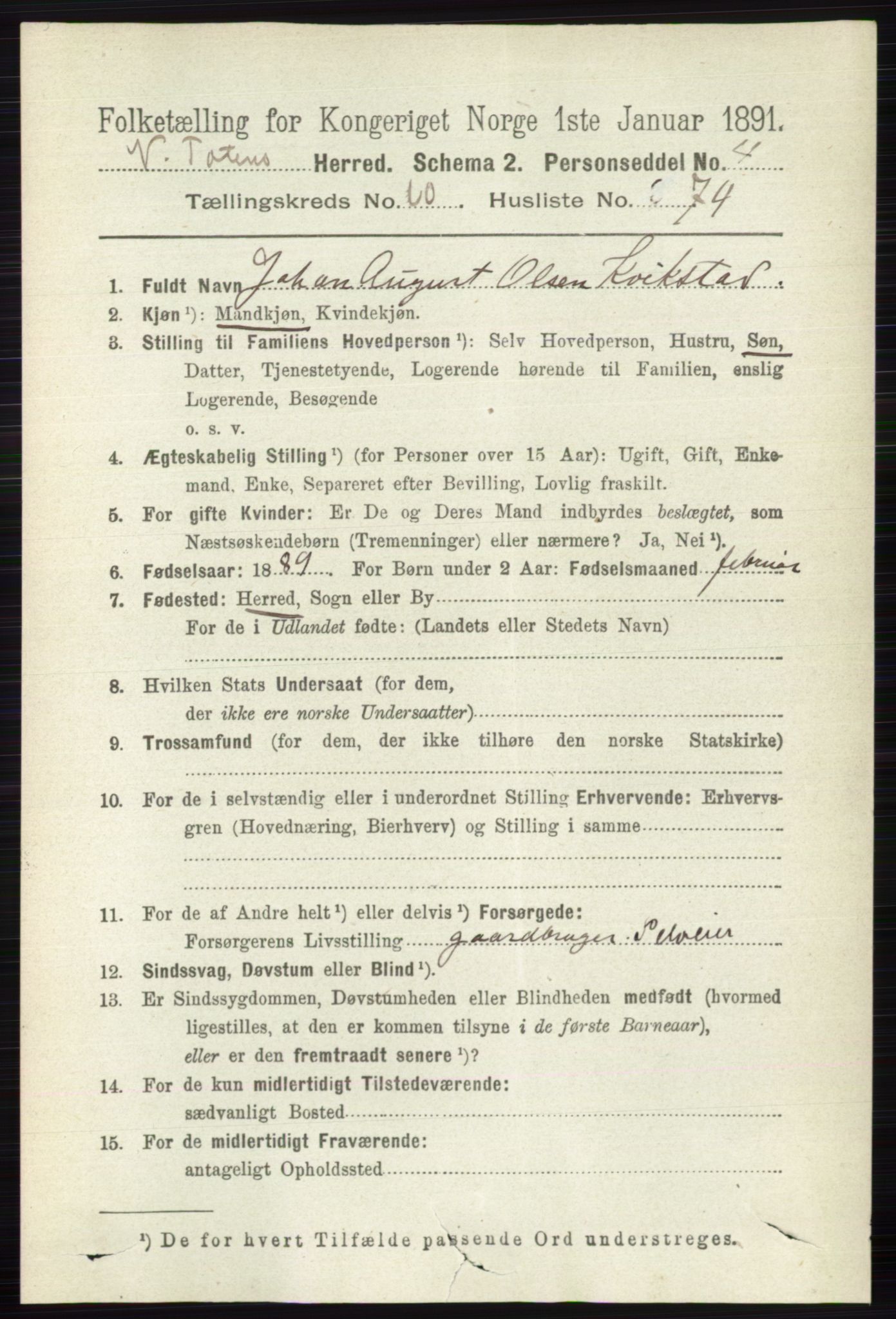 RA, 1891 census for 0529 Vestre Toten, 1891, p. 6615