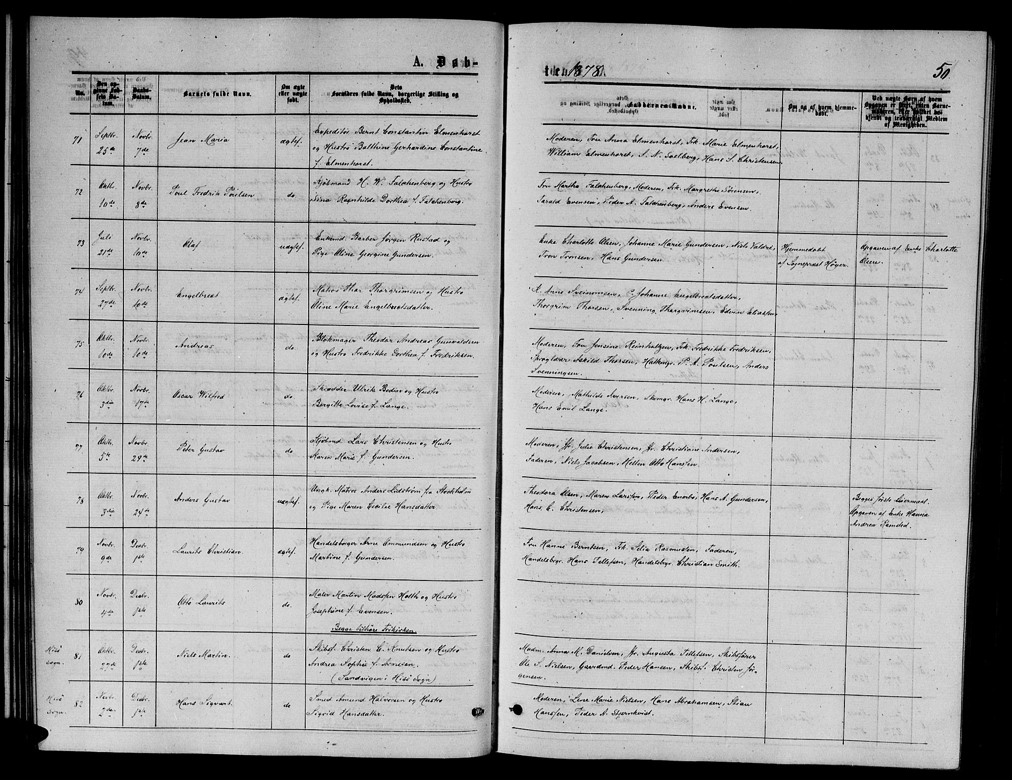 Arendal sokneprestkontor, Trefoldighet, AV/SAK-1111-0040/F/Fb/L0005: Parish register (copy) no. B 5, 1874-1888, p. 50