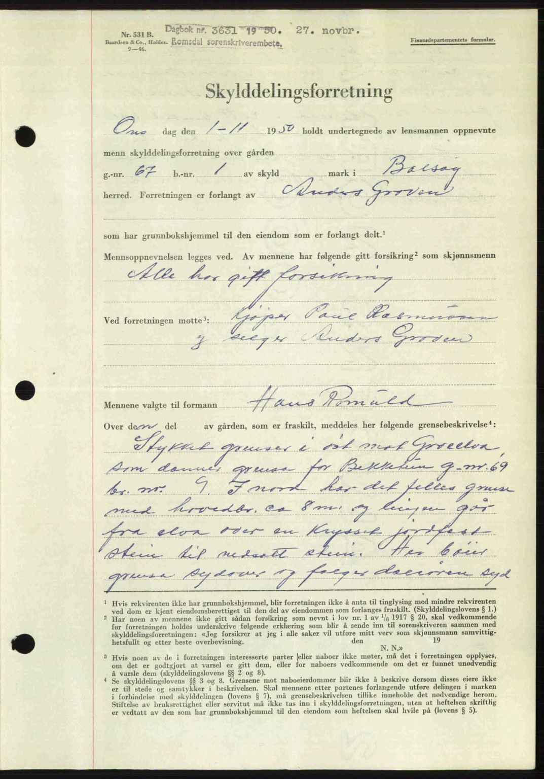 Romsdal sorenskriveri, AV/SAT-A-4149/1/2/2C: Mortgage book no. A34, 1950-1950, Diary no: : 3631/1950