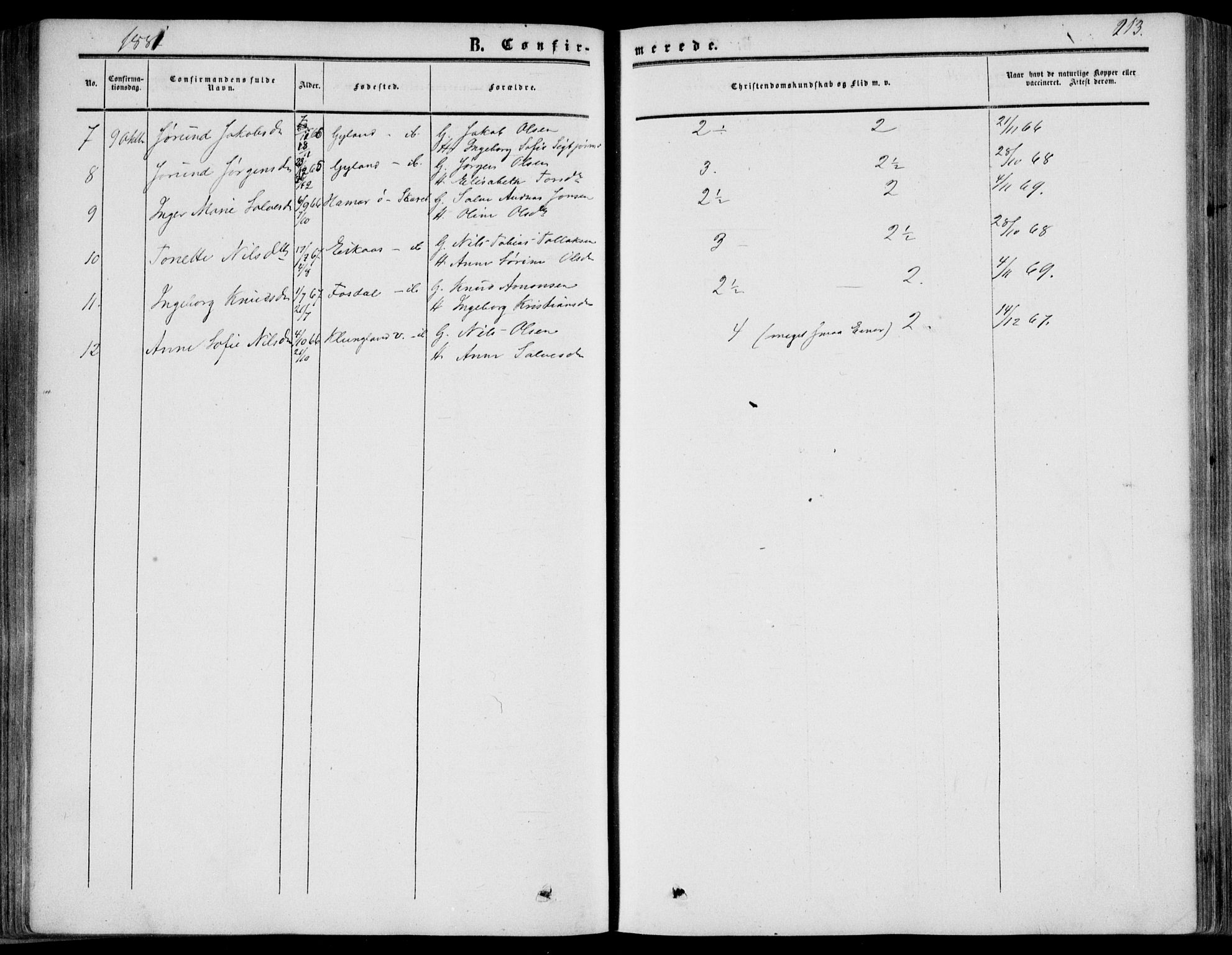 Bakke sokneprestkontor, AV/SAK-1111-0002/F/Fa/Fab/L0002: Parish register (official) no. A 2, 1855-1884, p. 213