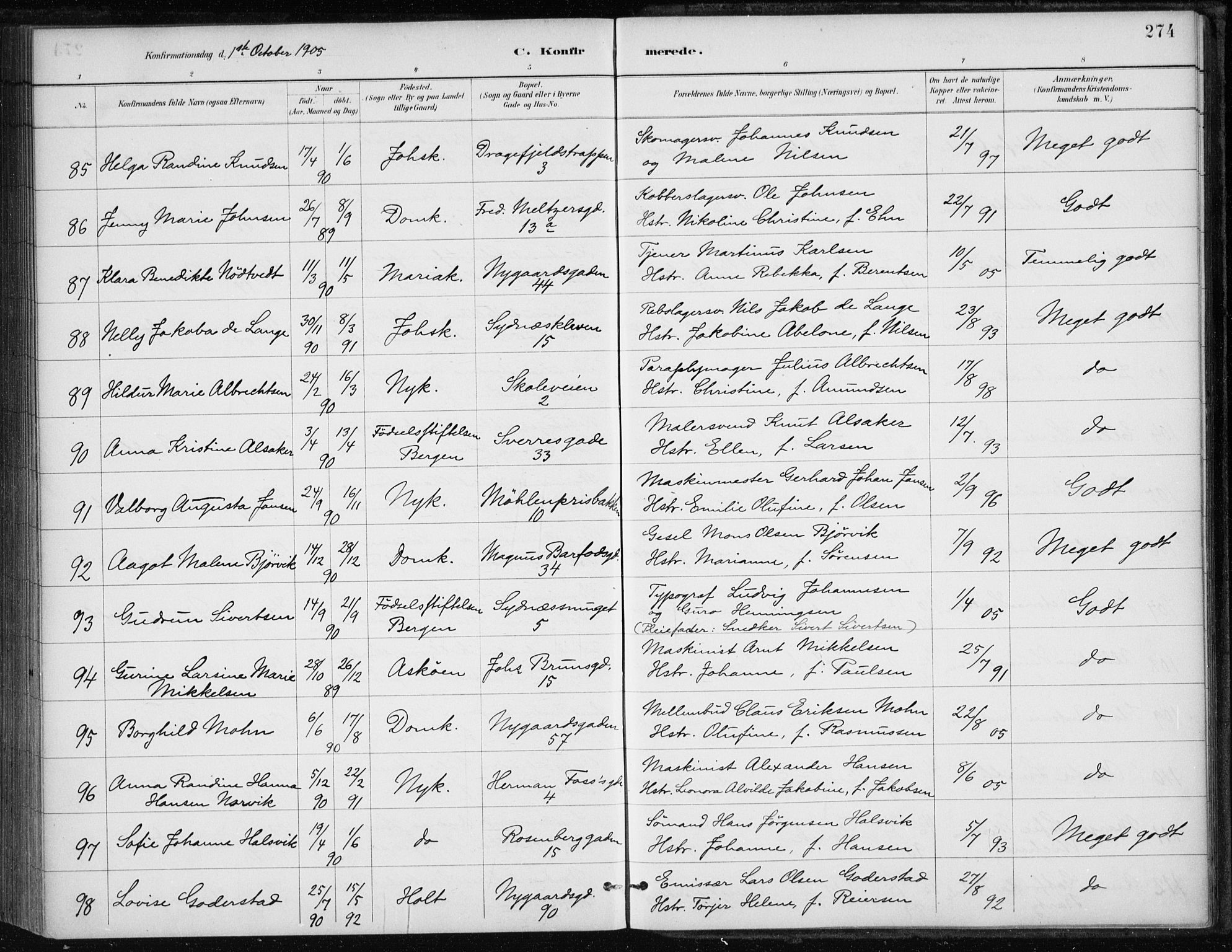 Johanneskirken sokneprestembete, AV/SAB-A-76001/H/Haa/L0008: Parish register (official) no. C 1, 1885-1907, p. 274