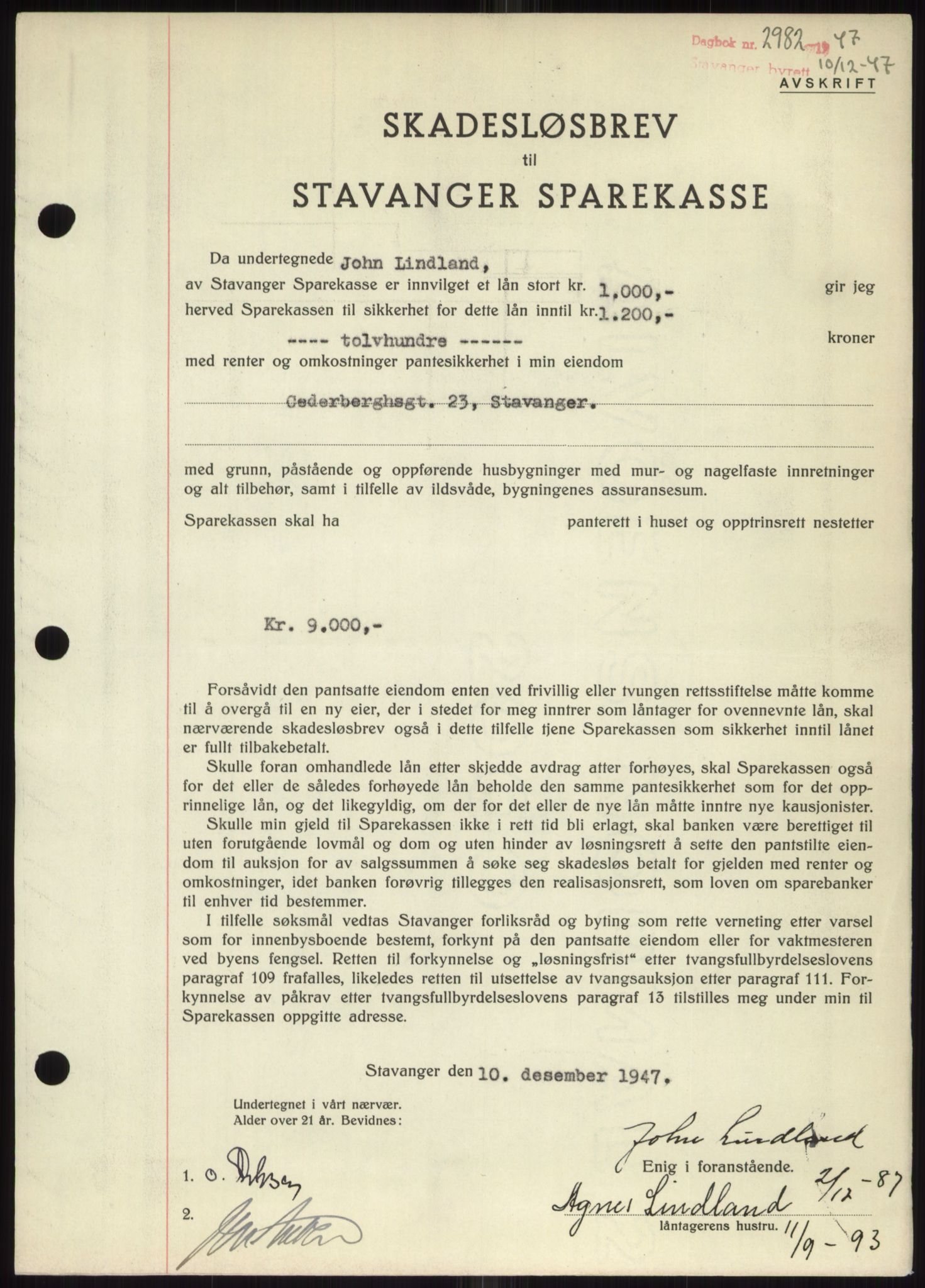 Stavanger byrett, SAST/A-100455/002/G/Gb/L0032: Mortgage book, 1947-1950, Diary no: : 2982/1947