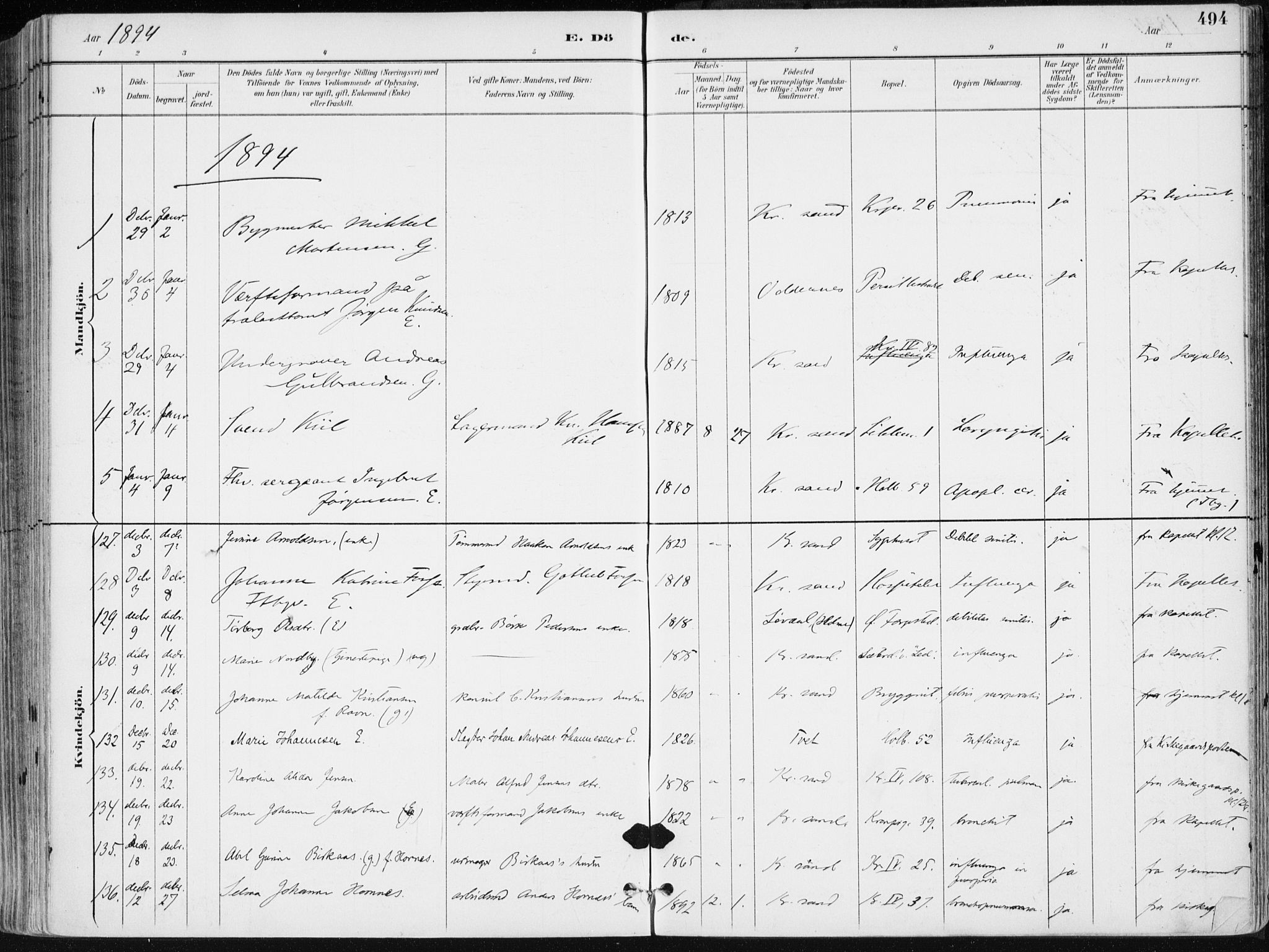 Kristiansand domprosti, SAK/1112-0006/F/Fa/L0019: Parish register (official) no. A 18, 1890-1897, p. 494