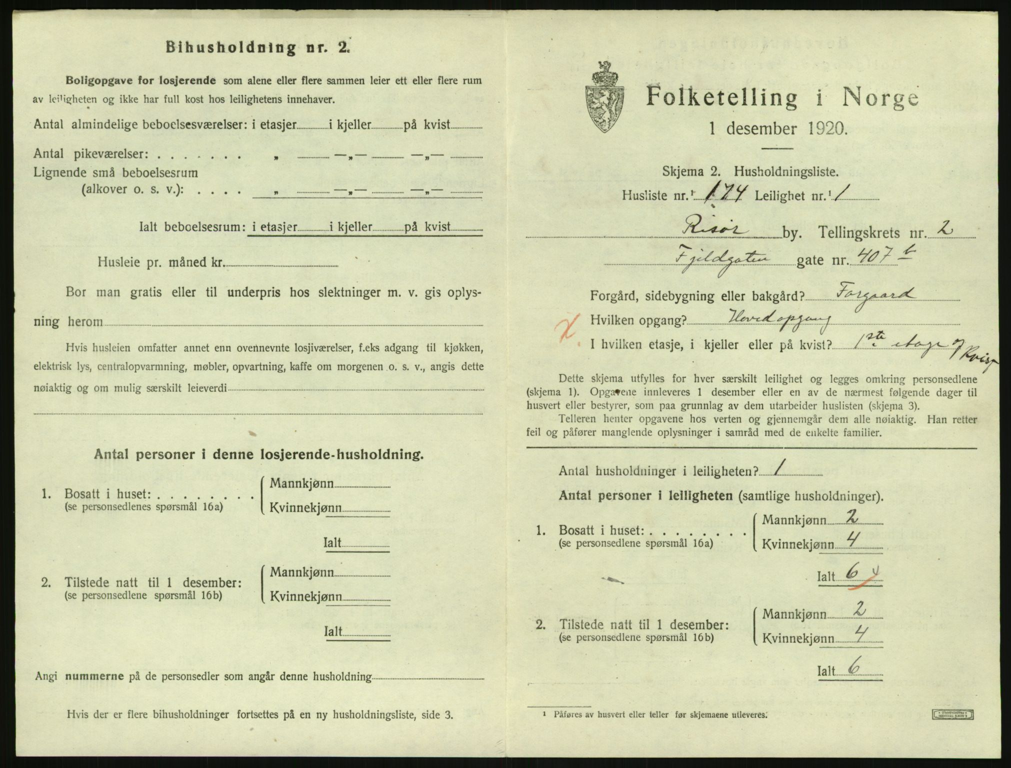 SAK, 1920 census for Risør, 1920, p. 2447