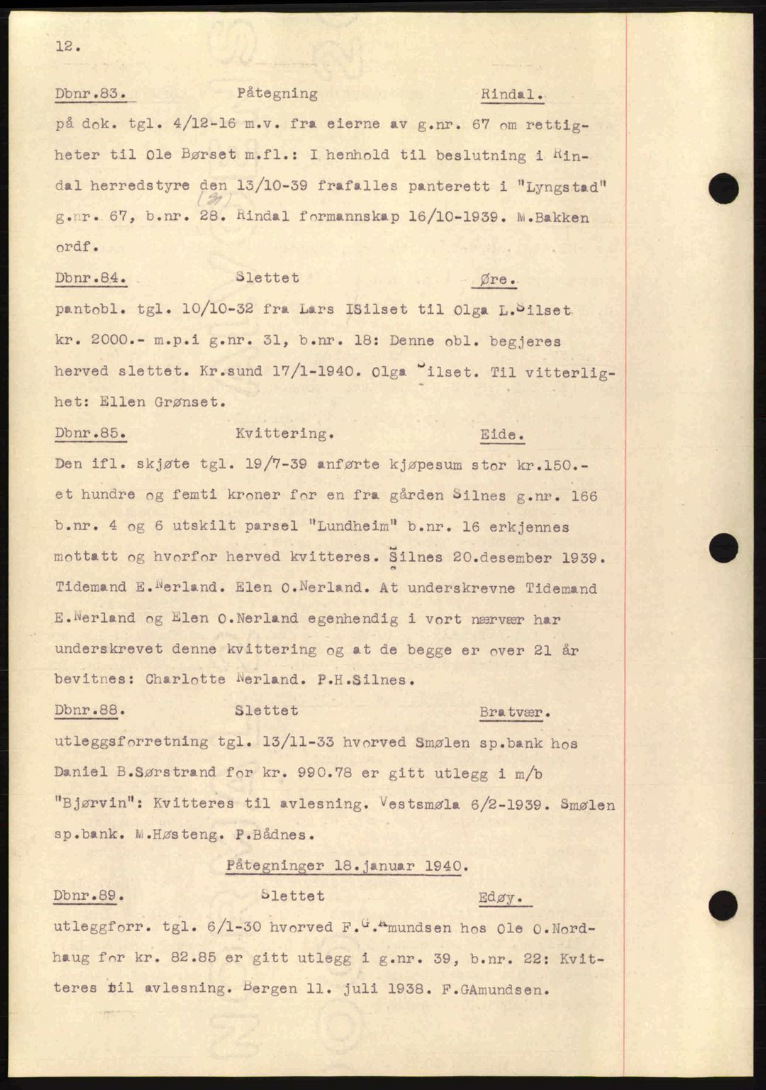 Nordmøre sorenskriveri, AV/SAT-A-4132/1/2/2Ca: Mortgage book no. C81, 1940-1945, Diary no: : 83/1940