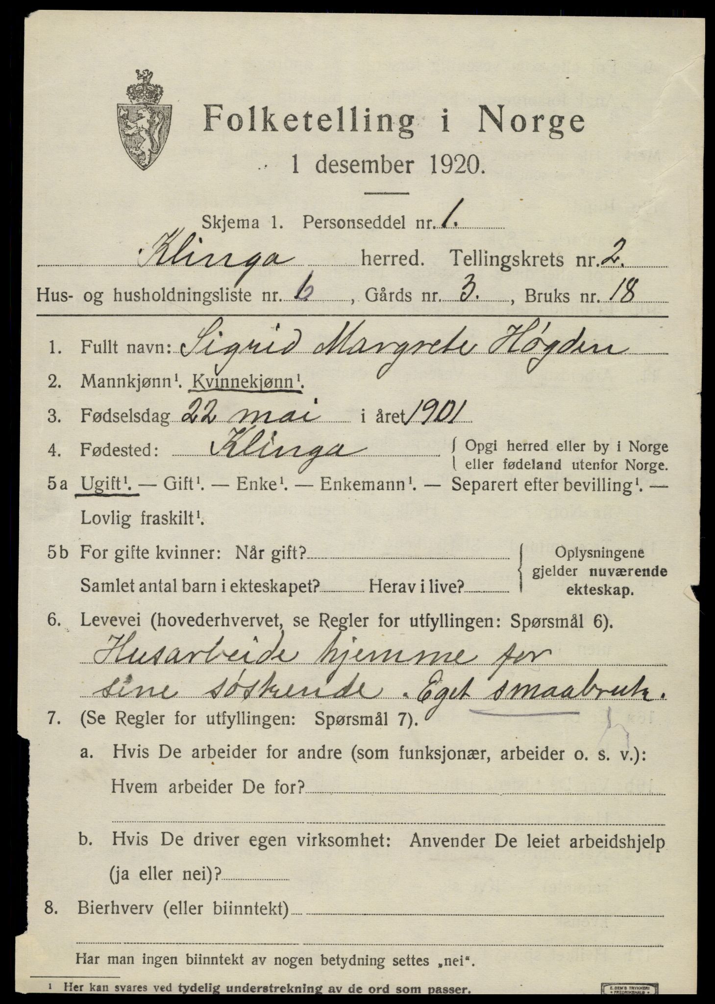 SAT, 1920 census for Klinga, 1920, p. 1455