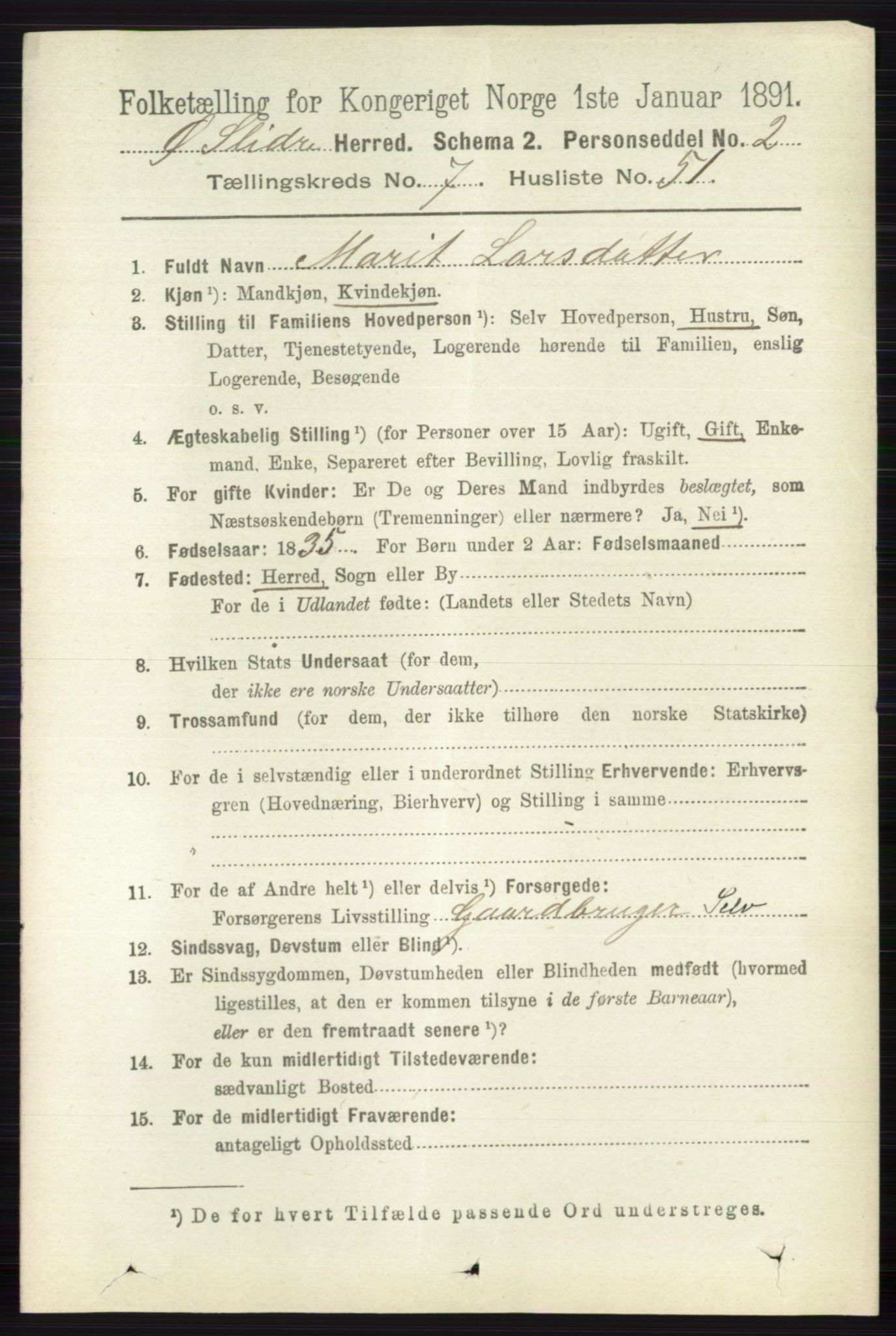 RA, 1891 census for 0544 Øystre Slidre, 1891, p. 2457