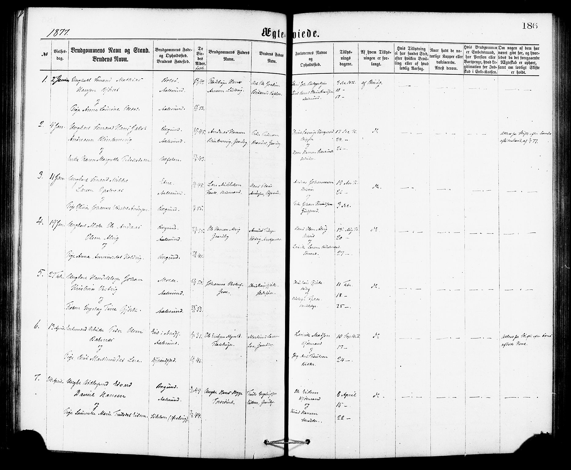 Ministerialprotokoller, klokkerbøker og fødselsregistre - Møre og Romsdal, SAT/A-1454/529/L0453: Parish register (official) no. 529A03, 1872-1877, p. 186