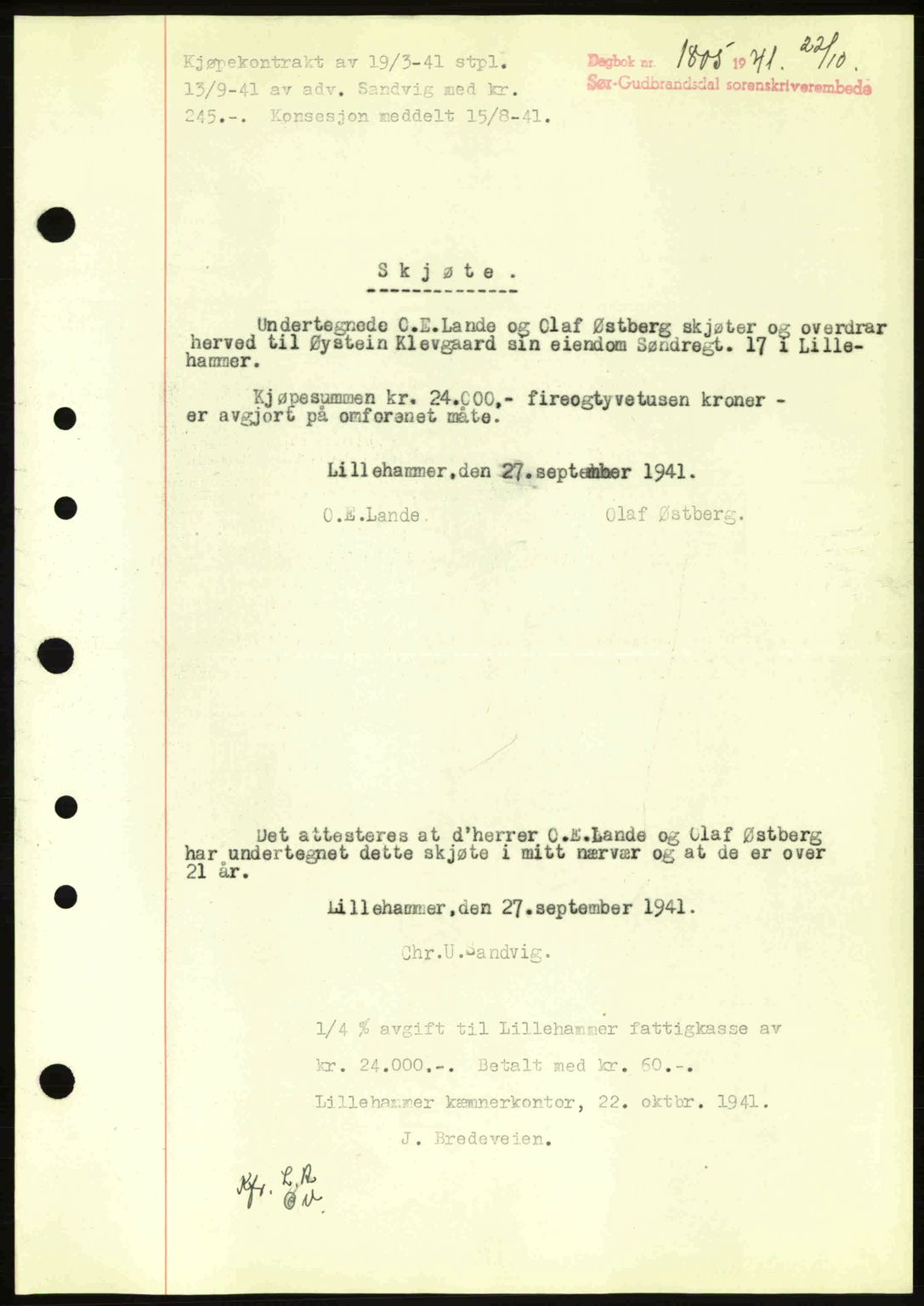 Sør-Gudbrandsdal tingrett, SAH/TING-004/H/Hb/Hbd/L0009: Mortgage book no. A9, 1941-1941, Diary no: : 1805/1941