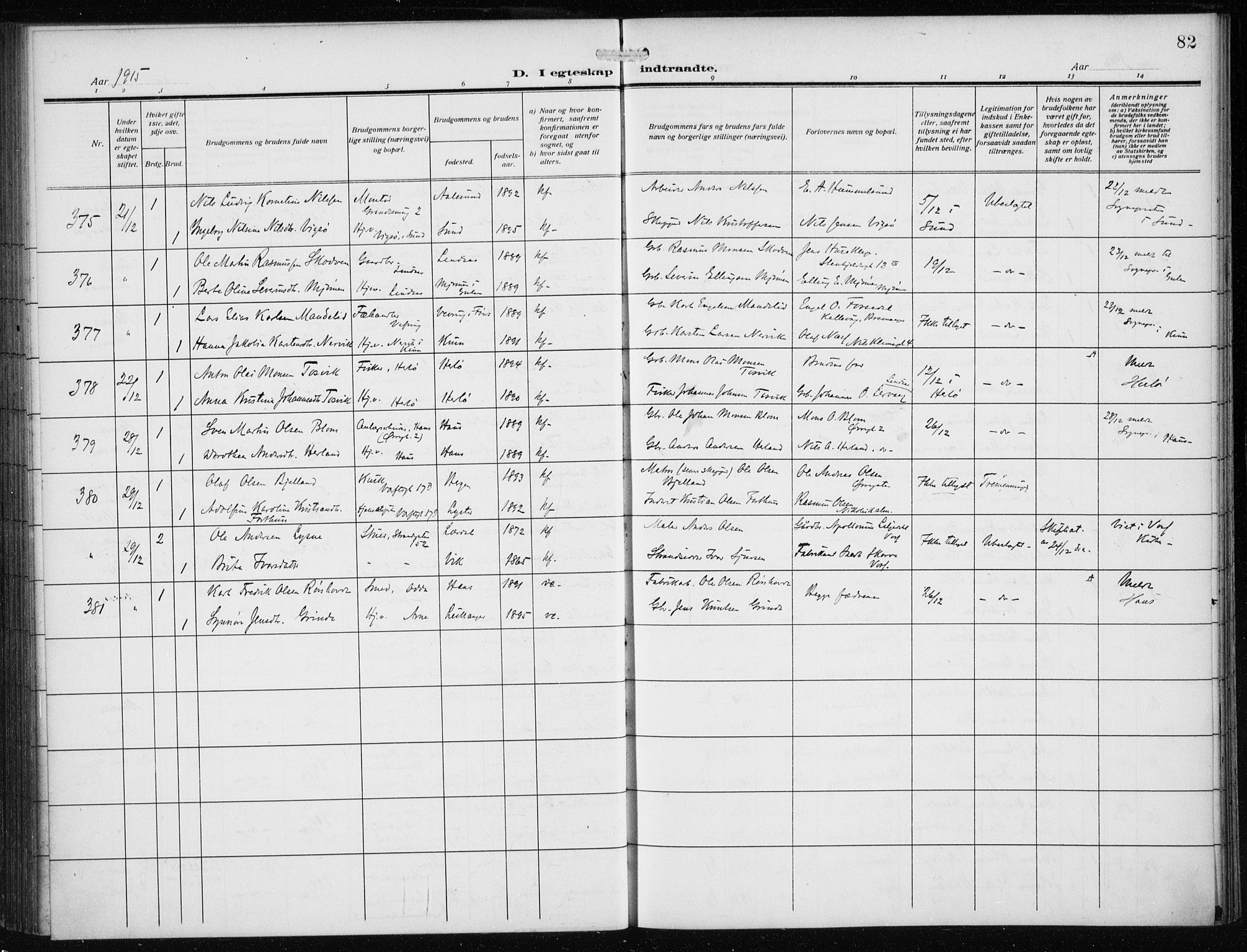 Nykirken Sokneprestembete, AV/SAB-A-77101/H/Haa/L0036: Parish register (official) no. D 6, 1913-1918, p. 82