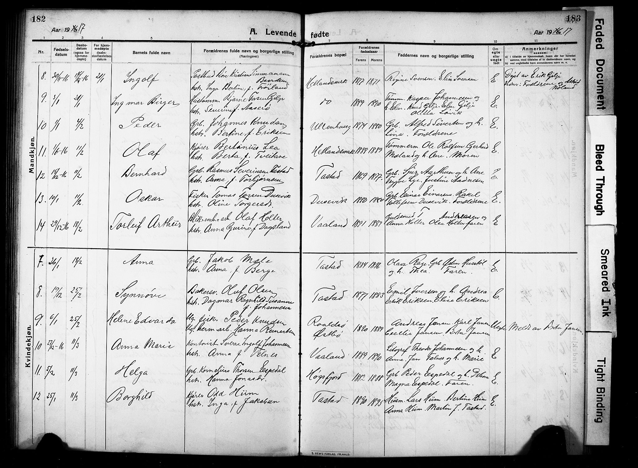 Hetland sokneprestkontor, SAST/A-101826/30/30BB/L0008: Parish register (copy) no. B 8, 1910-1921, p. 182-183