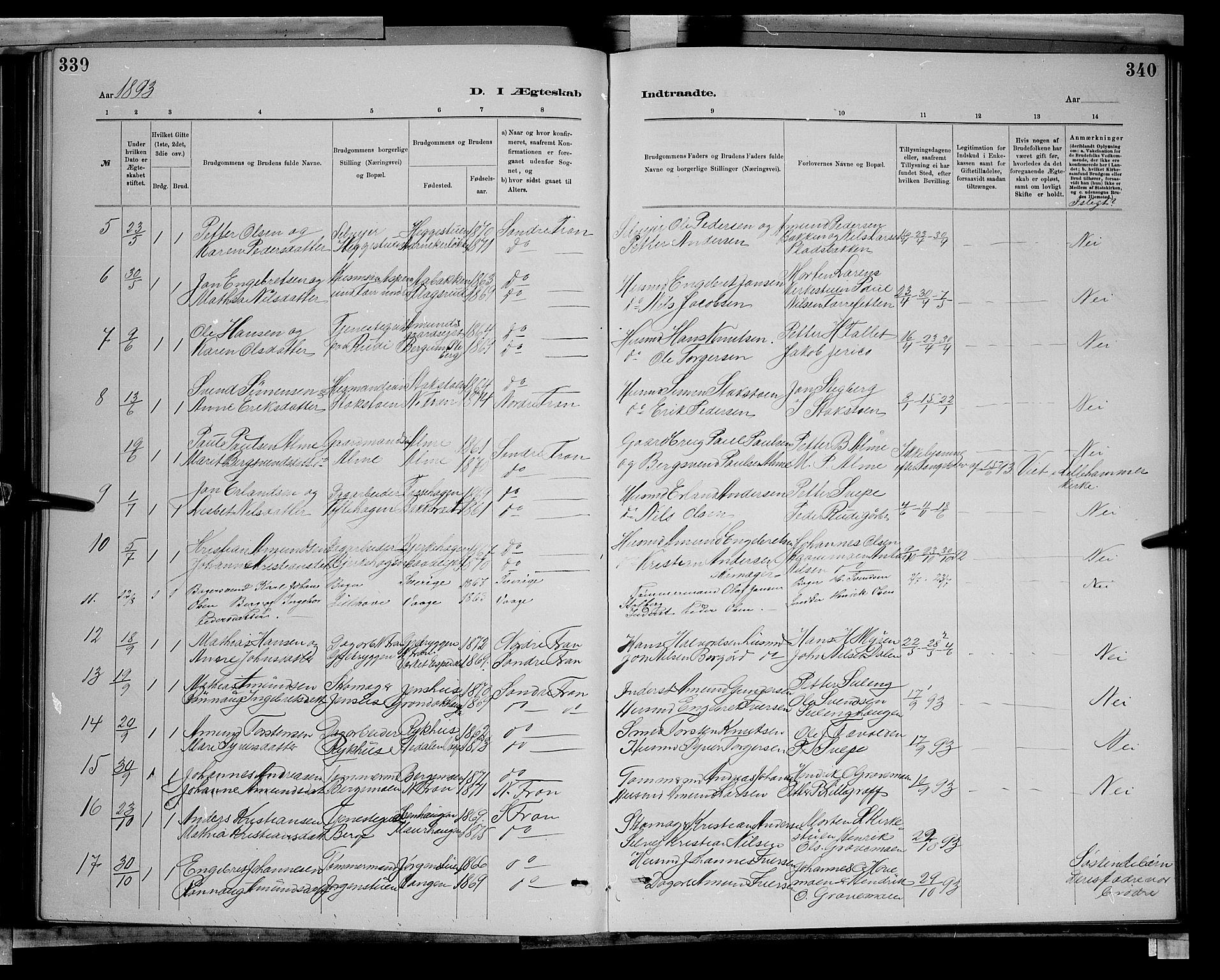 Sør-Fron prestekontor, AV/SAH-PREST-010/H/Ha/Hab/L0003: Parish register (copy) no. 3, 1884-1896, p. 339-340