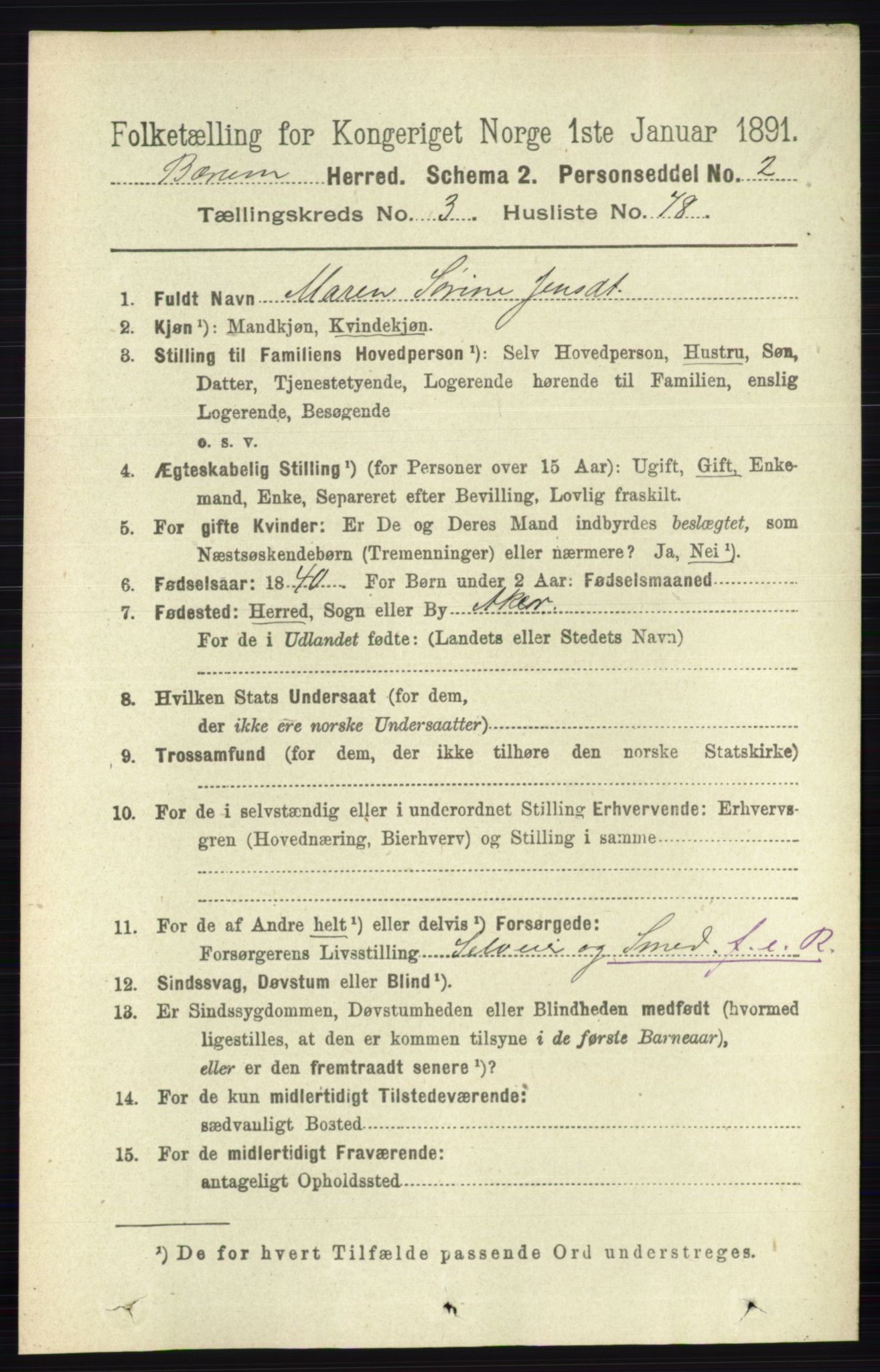 RA, 1891 census for 0219 Bærum, 1891, p. 2396