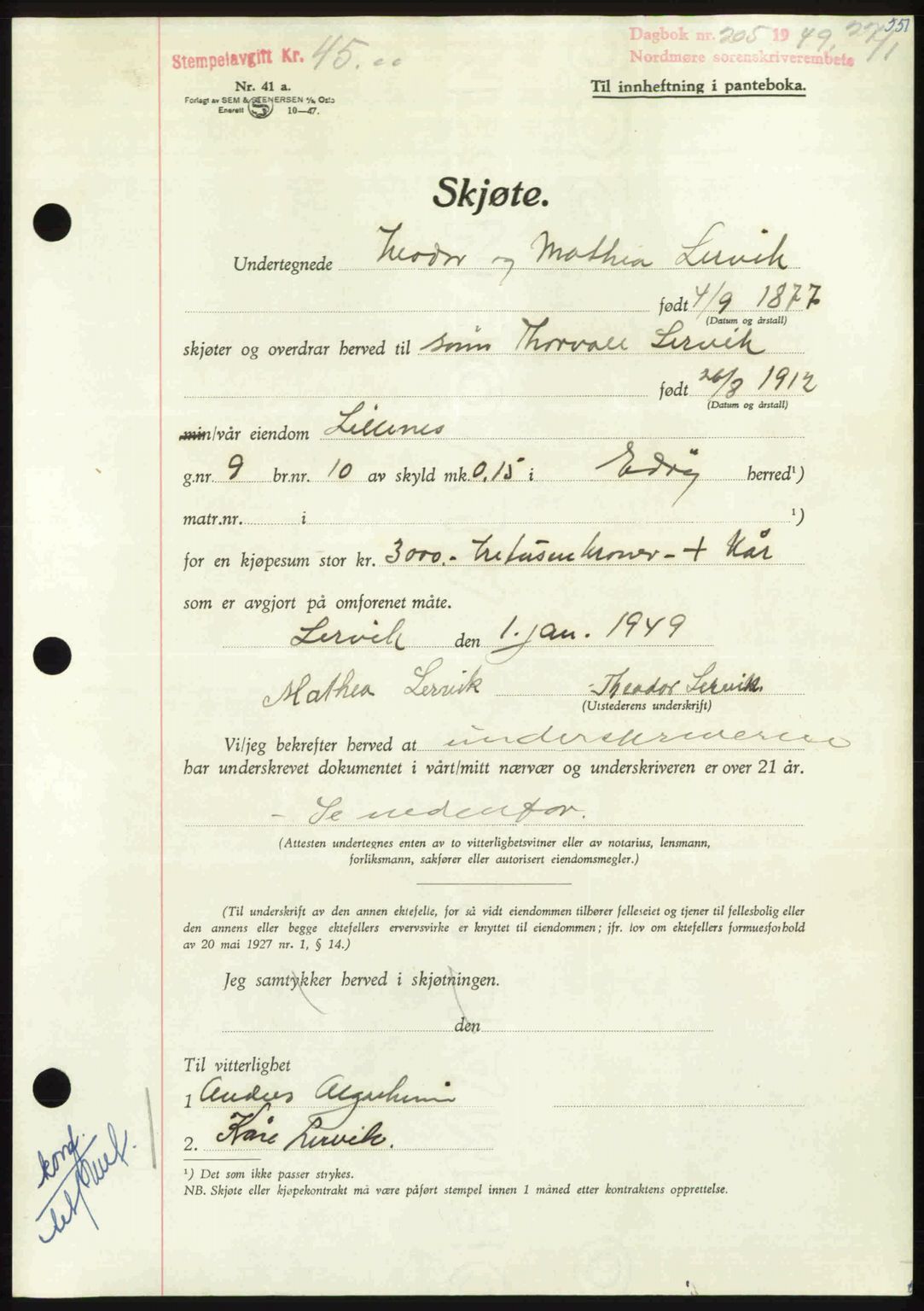 Nordmøre sorenskriveri, AV/SAT-A-4132/1/2/2Ca: Mortgage book no. A110, 1948-1949, Diary no: : 205/1949