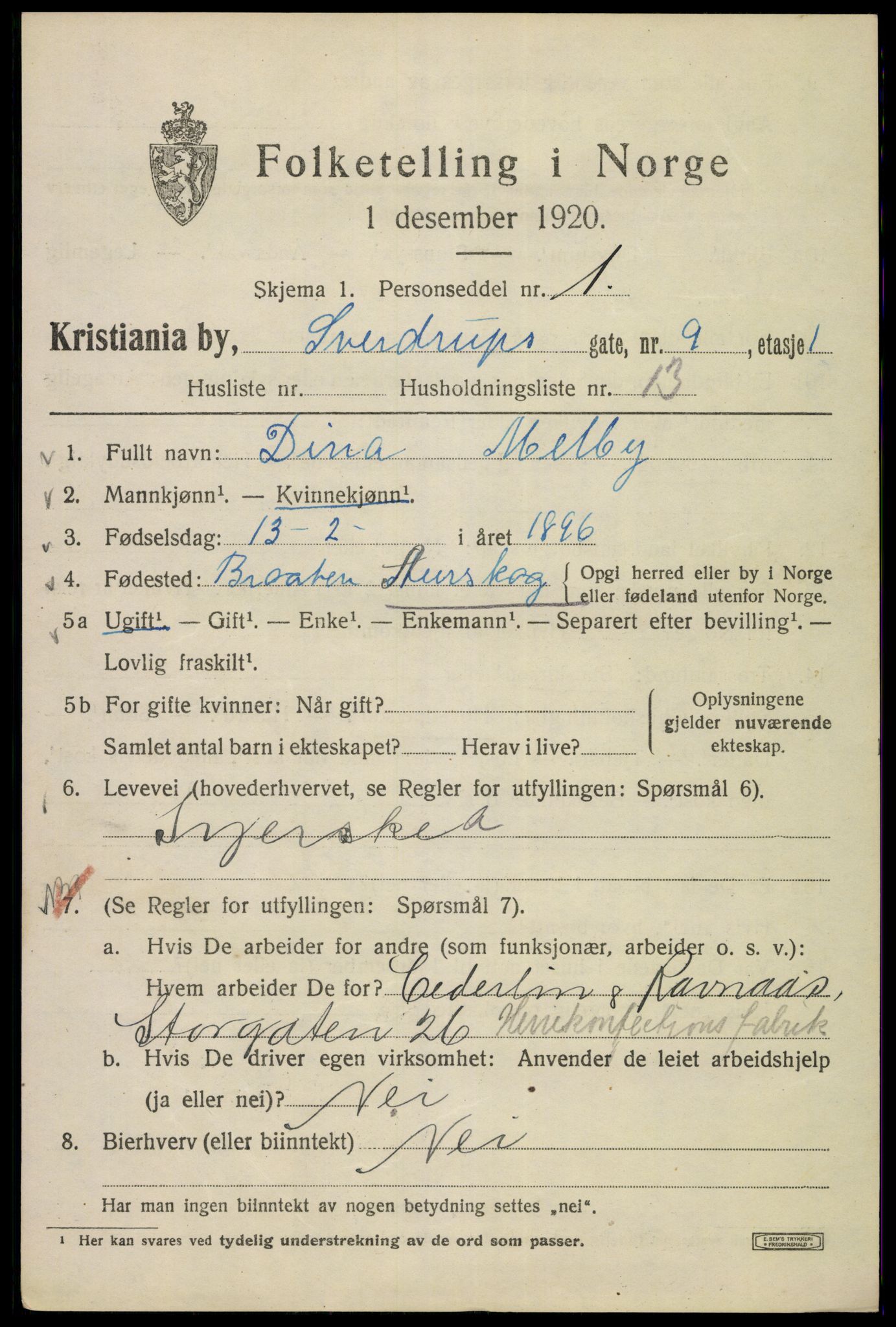 SAO, 1920 census for Kristiania, 1920, p. 556889