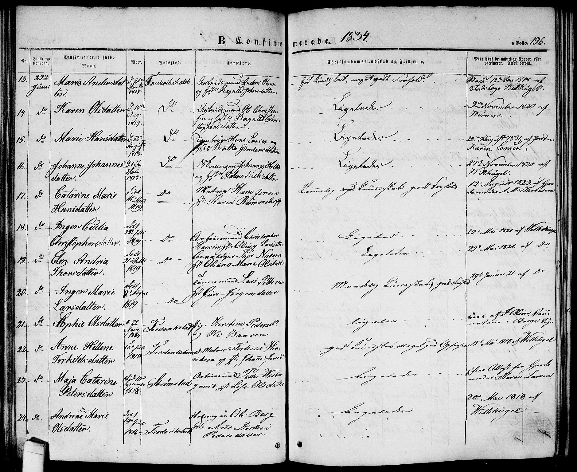 Halden prestekontor Kirkebøker, AV/SAO-A-10909/G/Ga/L0003: Parish register (copy) no. 3, 1834-1844, p. 196