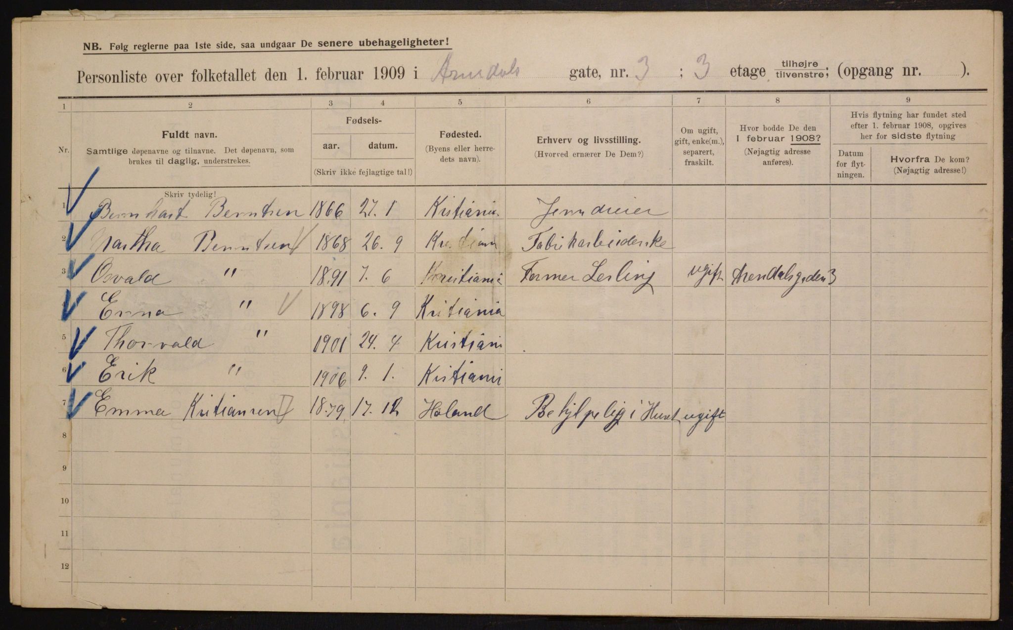 OBA, Municipal Census 1909 for Kristiania, 1909, p. 1878