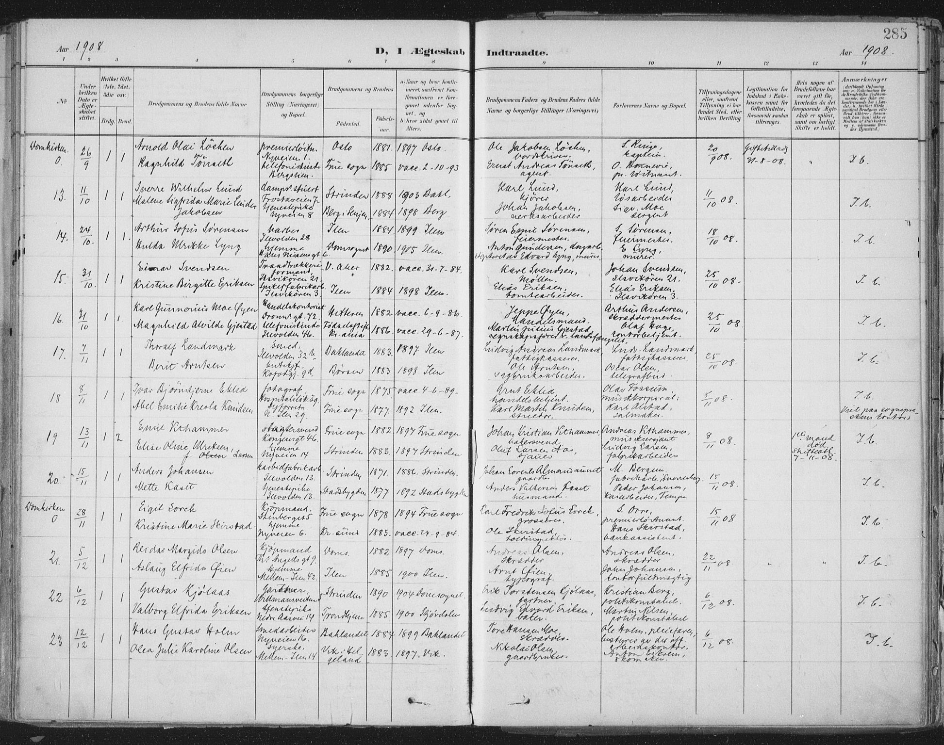 Ministerialprotokoller, klokkerbøker og fødselsregistre - Sør-Trøndelag, AV/SAT-A-1456/603/L0167: Parish register (official) no. 603A06, 1896-1932, p. 285