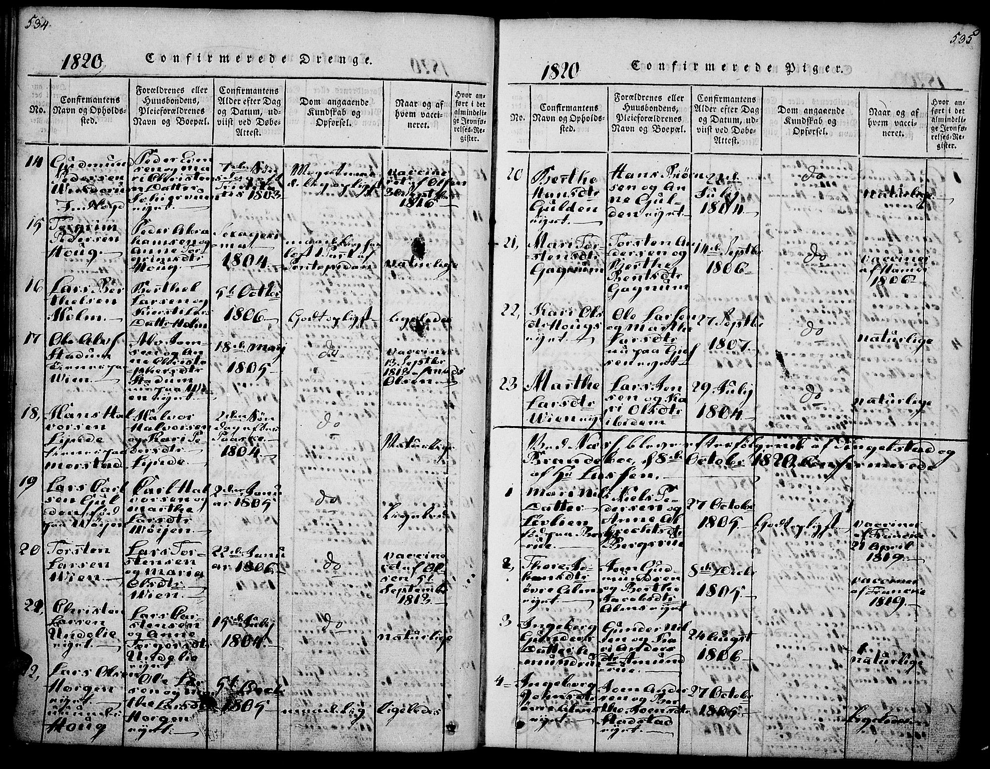 Gran prestekontor, AV/SAH-PREST-112/H/Ha/Haa/L0009: Parish register (official) no. 9, 1815-1824, p. 534-535