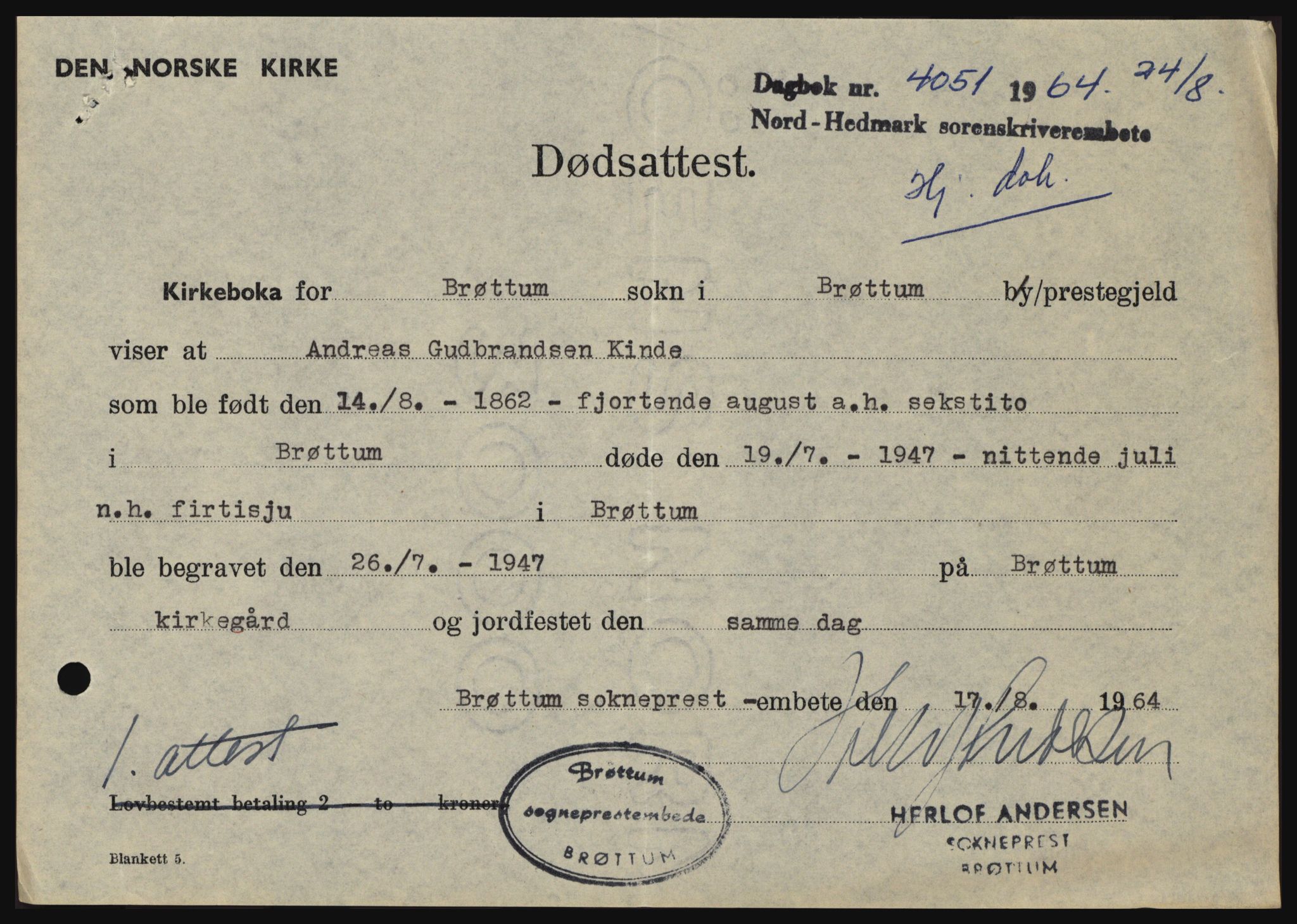 Nord-Hedmark sorenskriveri, AV/SAH-TING-012/H/Hc/L0020: Mortgage book no. 20, 1964-1964, Diary no: : 4051/1964