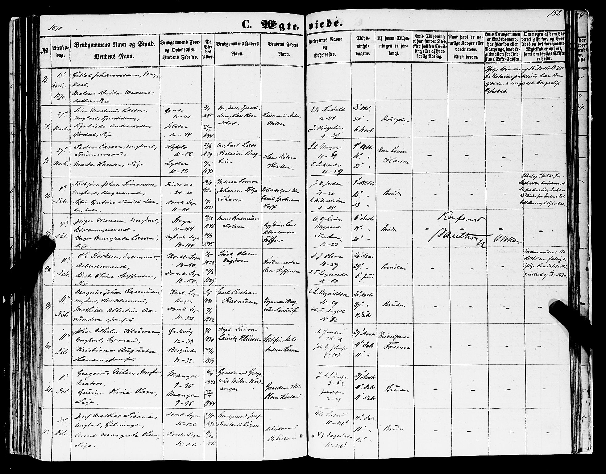 Domkirken sokneprestembete, AV/SAB-A-74801/H/Haa/L0034: Parish register (official) no. D 2, 1853-1874, p. 152