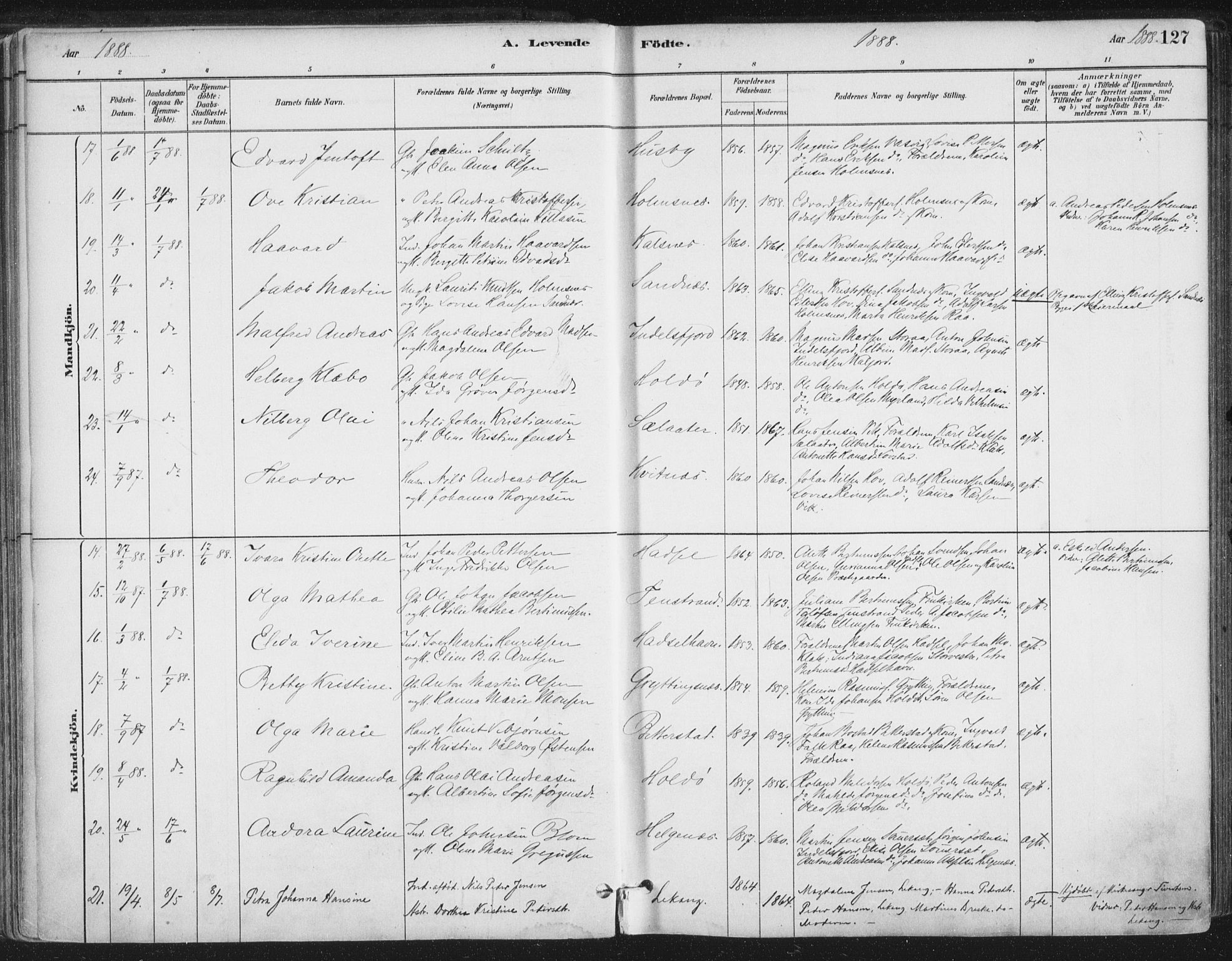 Ministerialprotokoller, klokkerbøker og fødselsregistre - Nordland, AV/SAT-A-1459/888/L1244: Parish register (official) no. 888A10, 1880-1890, p. 127