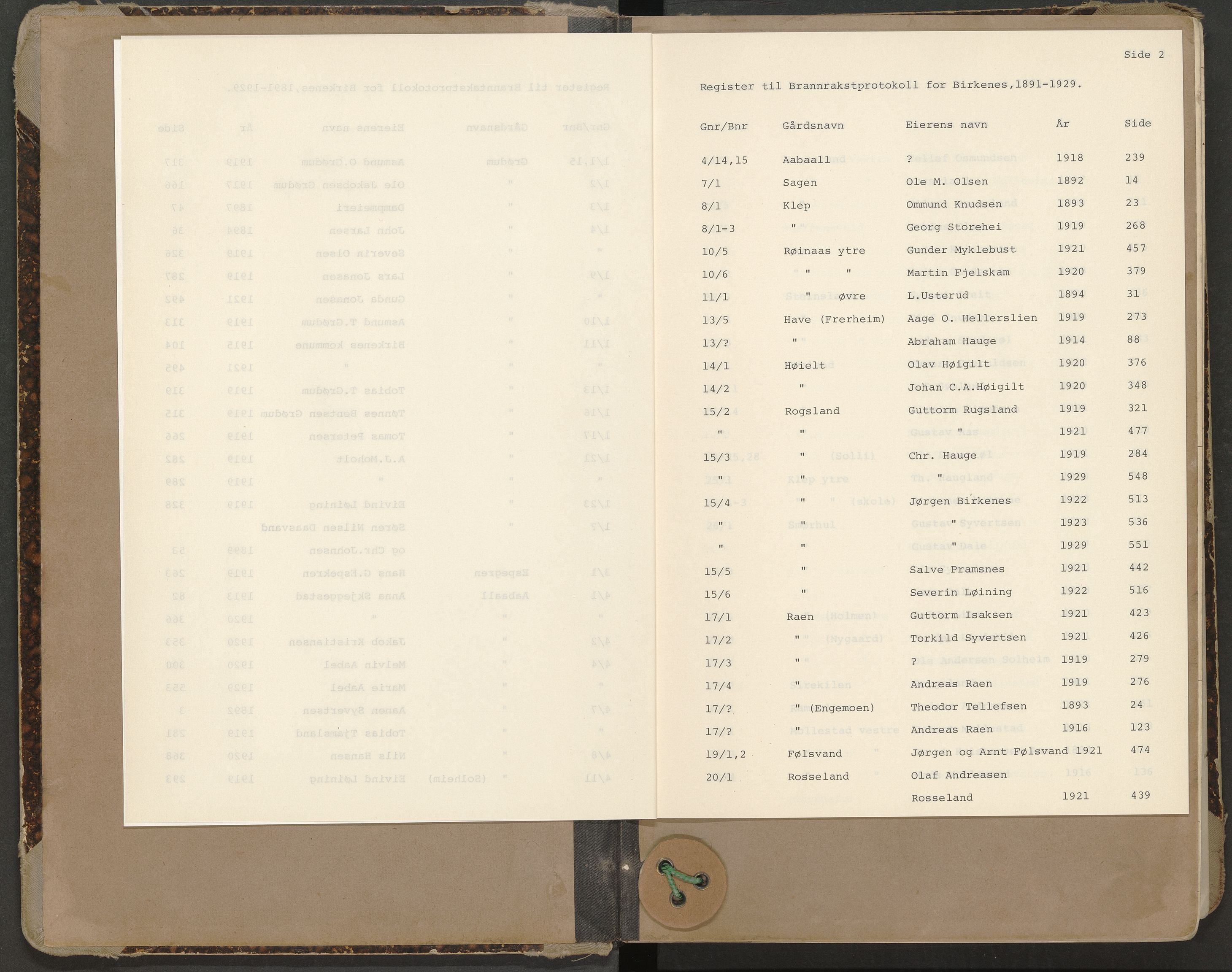 Norges Brannkasse Birkenes, AV/SAK-2241-0005/F/Fa/L0002: Branntakstprotokoll nr. 2 med gårdsnavnregister, 1891-1929