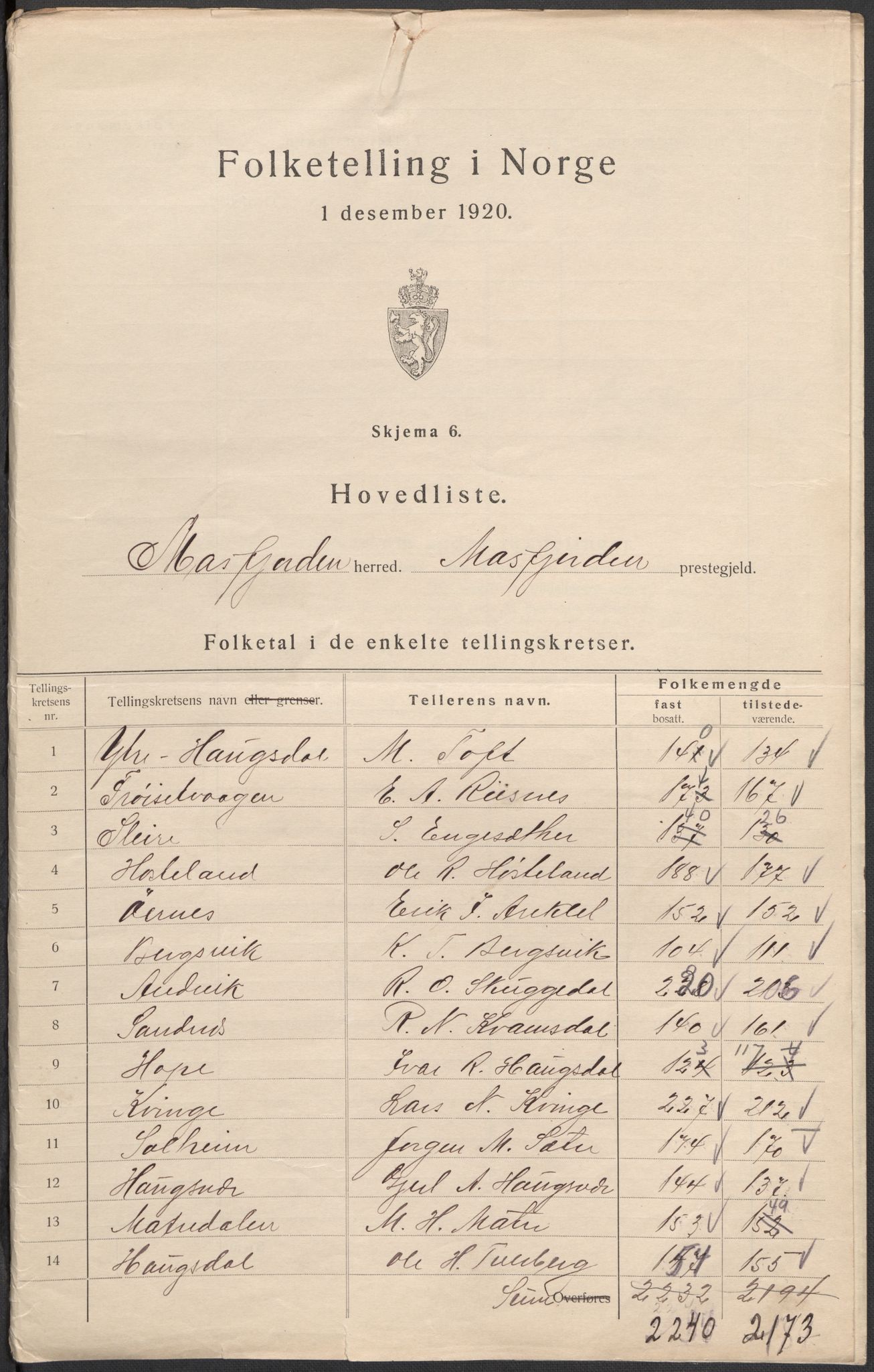 SAB, 1920 census for Masfjorden, 1920, p. 2