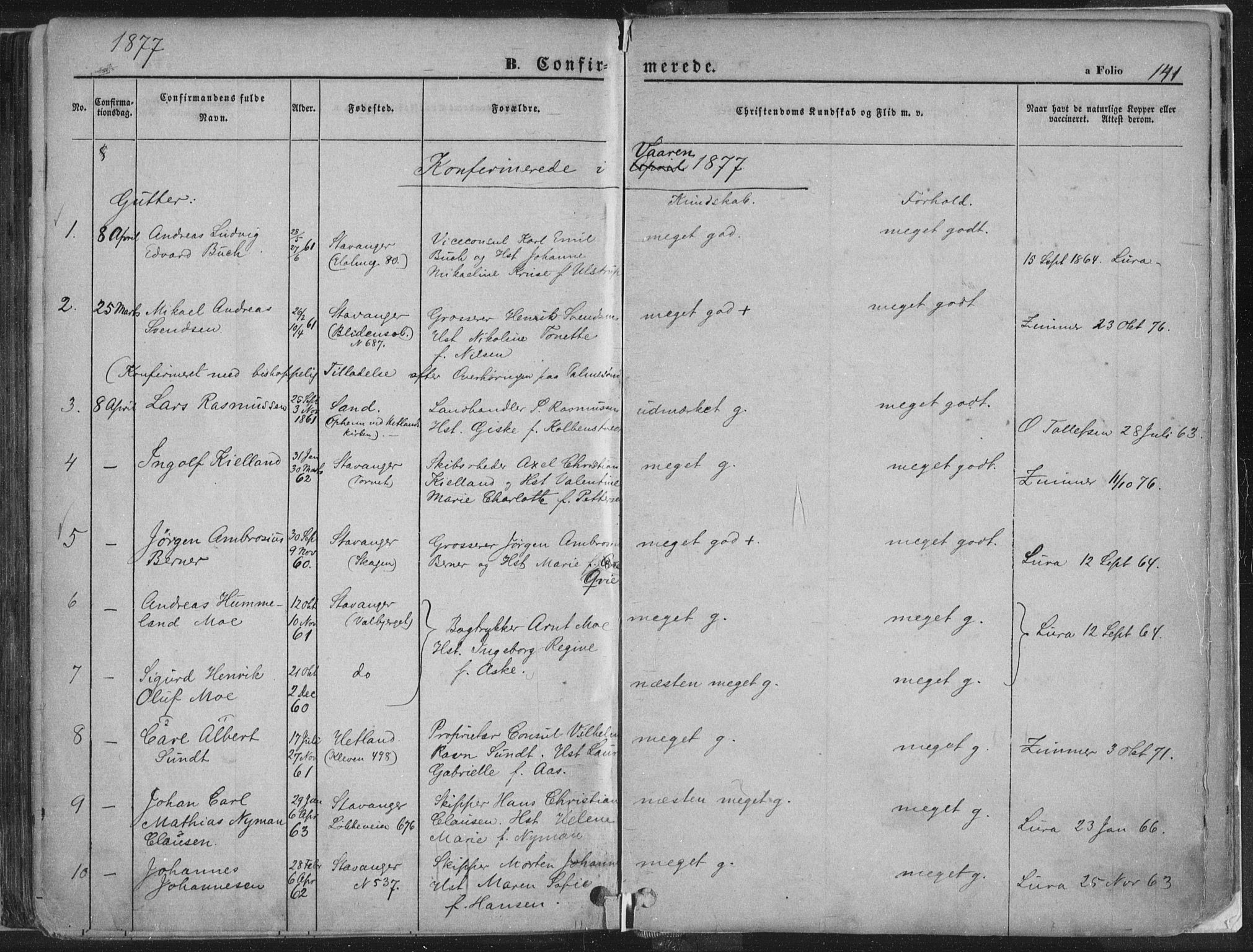 Domkirken sokneprestkontor, AV/SAST-A-101812/001/30/30BA/L0018: Parish register (official) no. A 17, 1857-1877, p. 141