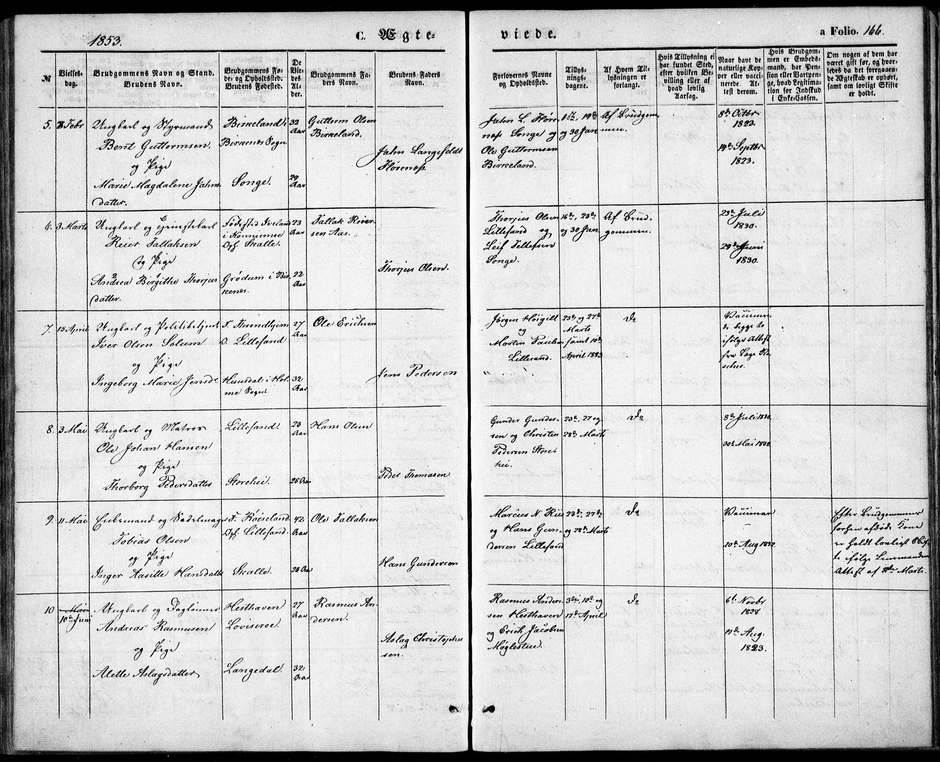 Vestre Moland sokneprestkontor, AV/SAK-1111-0046/F/Fb/Fbb/L0003: Parish register (copy) no. B 3, 1851-1861, p. 166