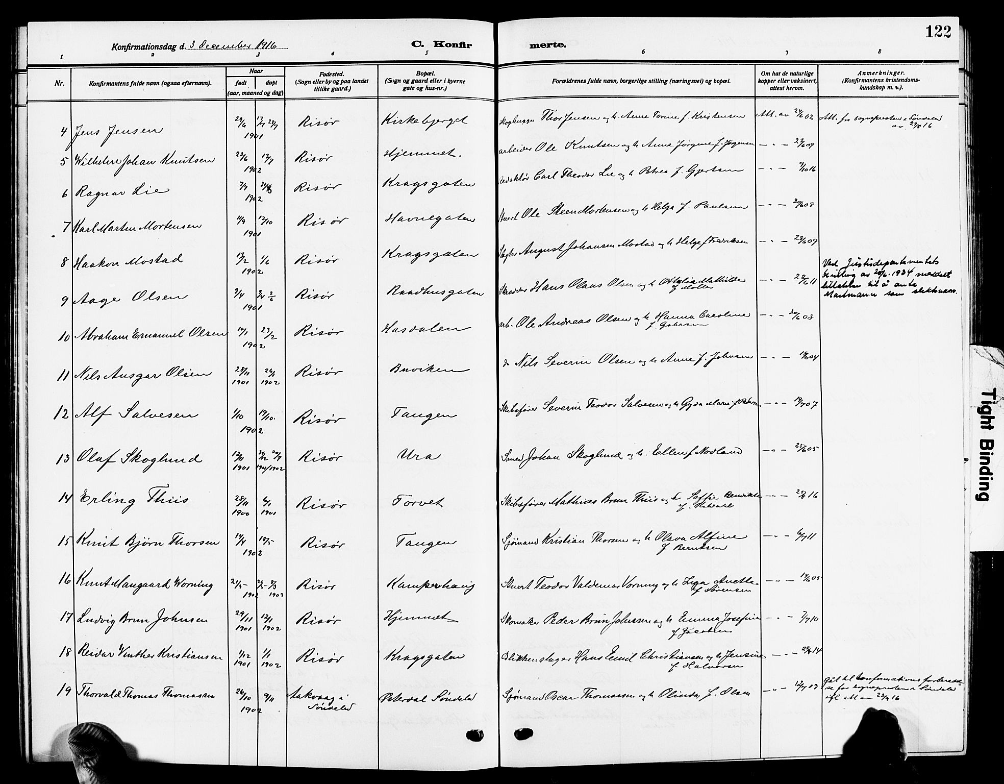Risør sokneprestkontor, SAK/1111-0035/F/Fb/L0008: Parish register (copy) no. B 8, 1909-1921, p. 122
