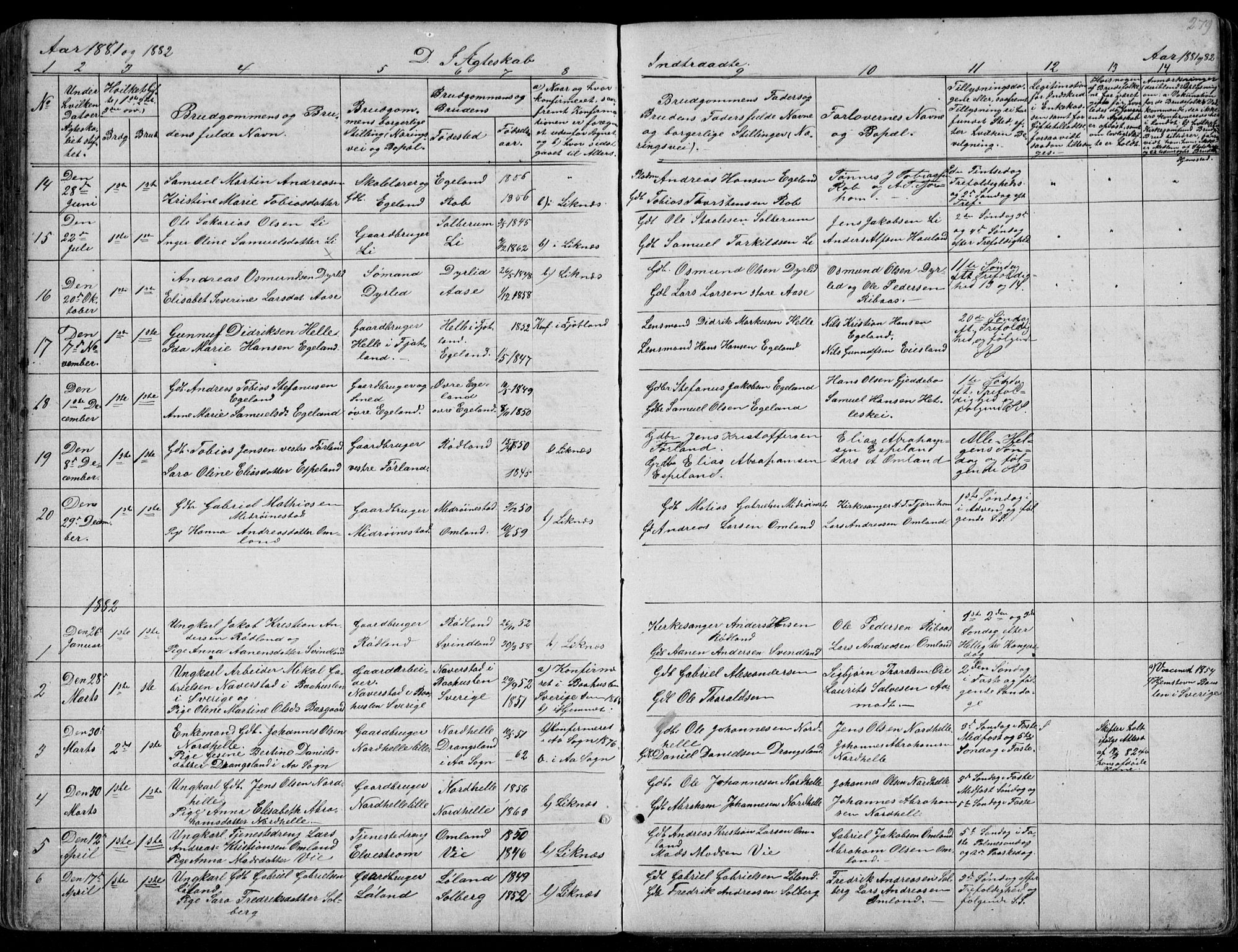 Kvinesdal sokneprestkontor, AV/SAK-1111-0026/F/Fb/Fbb/L0002: Parish register (copy) no. B 2, 1873-1897, p. 279