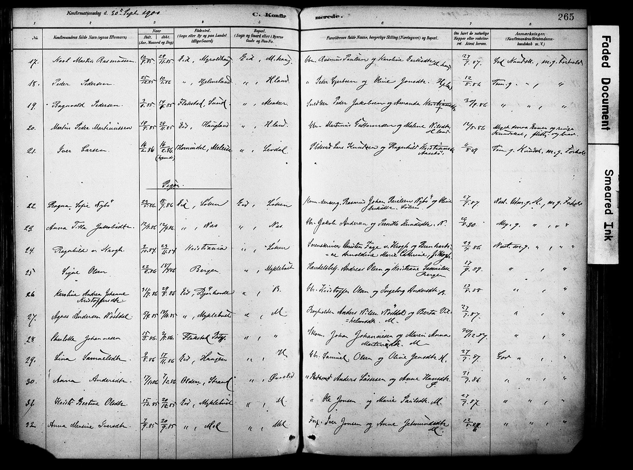 Eid sokneprestembete, SAB/A-82301/H/Haa/Haab/L0001: Parish register (official) no. B 1, 1879-1906, p. 265